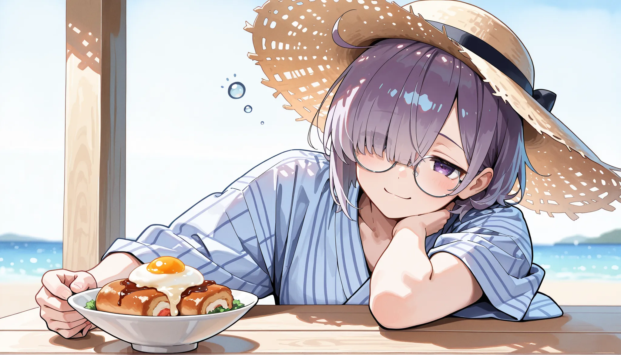 ( masterpiece , best quality , high quality ,8k,)  ( watercolor style illustration, :1.3) solo  (beautiful-young-woman:1.4)  knight = = △  muscular  (gsilver-short-bob-hair1.4)    (hair over one  eye, bangs, long bangs, :1.4) straw-hat  (red-yukata:1.4 (sh...