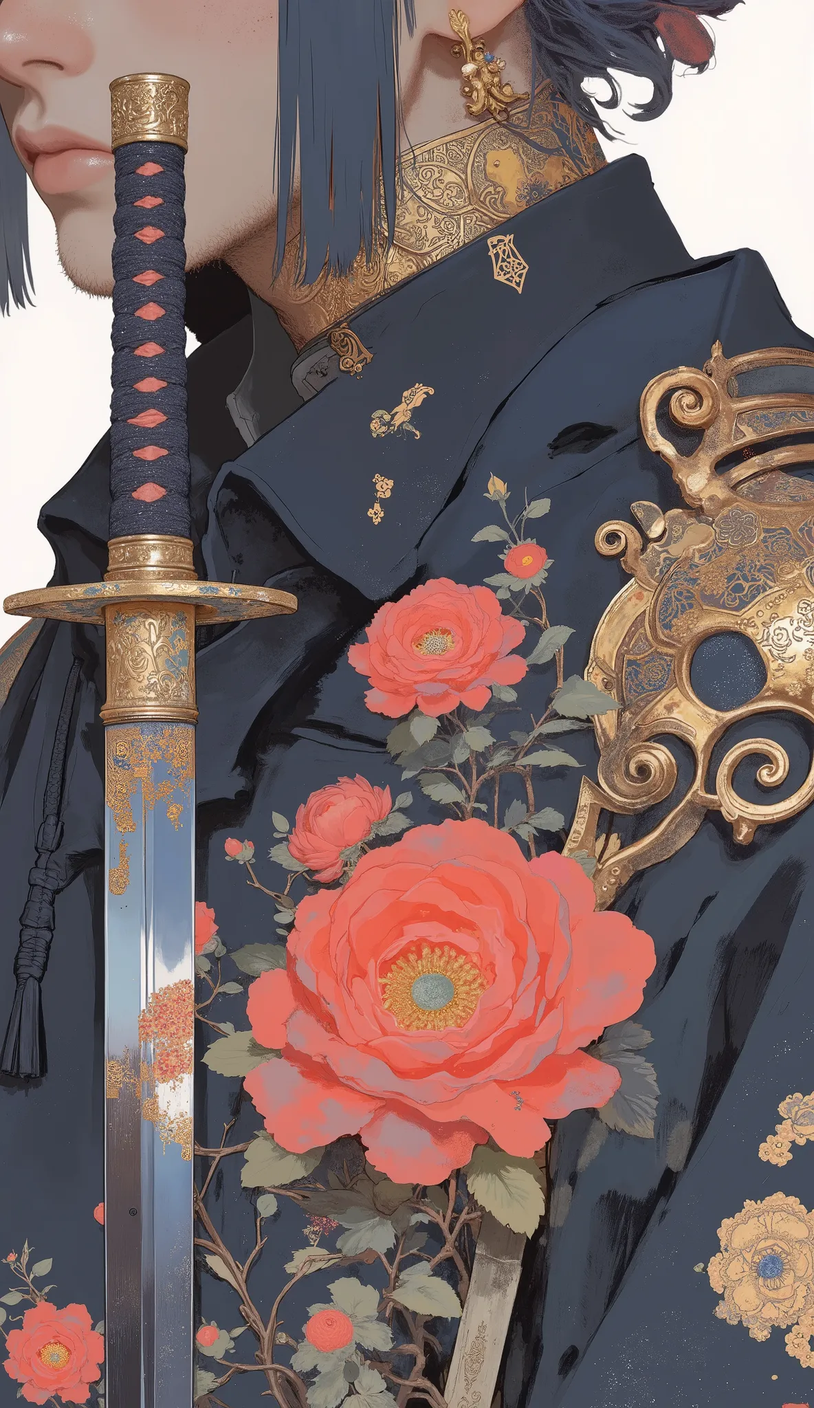 A detailed section of traditional Japanese attire and accessories is adorned with intricate floral patterns and ornate details. The clothing features bold red flowers juxtaposed against a dark, textured background. The vibrant flowers are accented with gol...