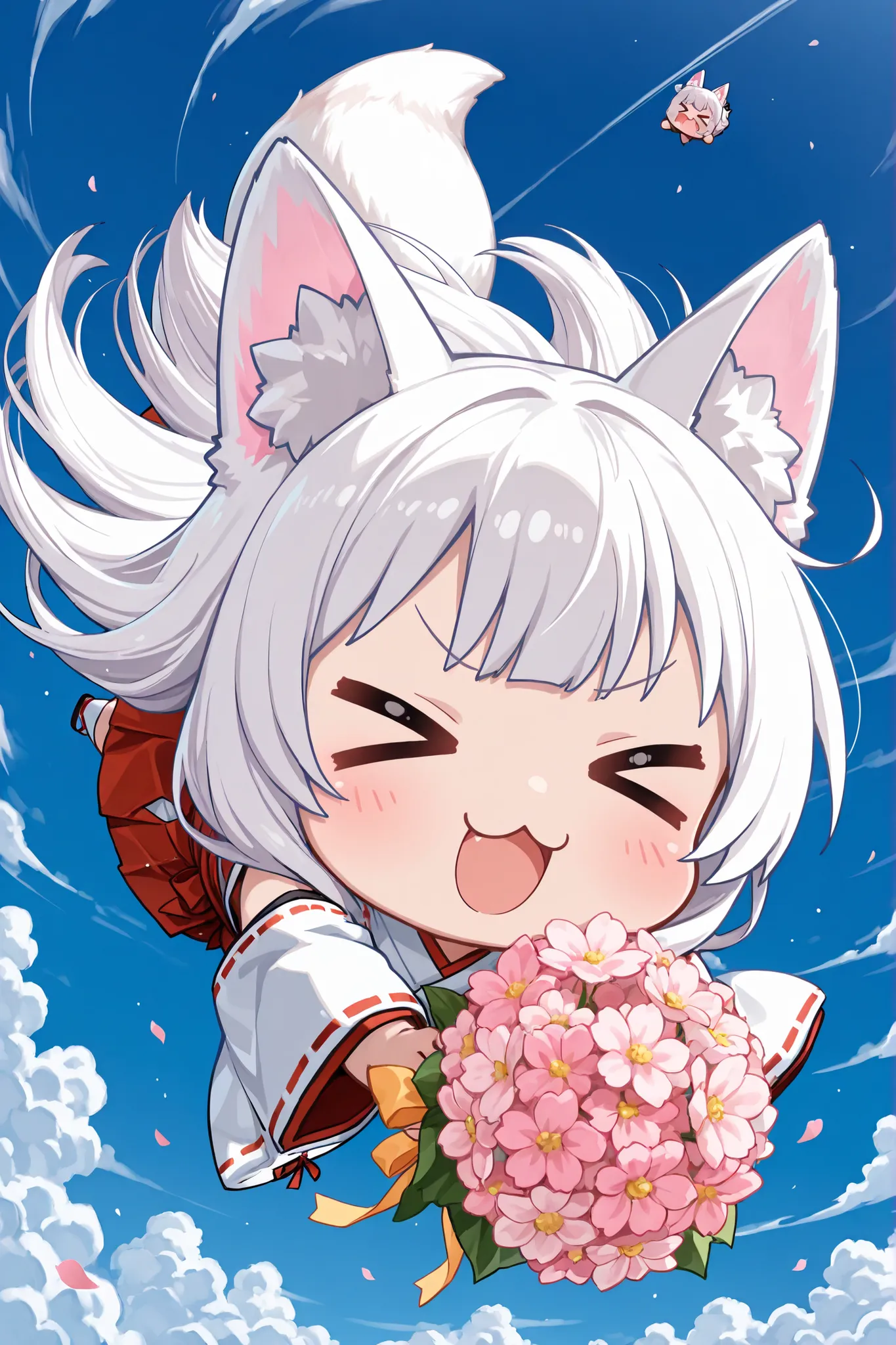 ((Masterpiece)),((best quality)),((incredibly absurdres)),((8K)),(anime style),
(1 chibi girl),(Deformed chibi),solo,white hair,long hair,straight hair,baby face,cute,kawaii,BREAK (white fox ears,white fox tail),white ear hair,pink inner ear, 
a chibi wear...