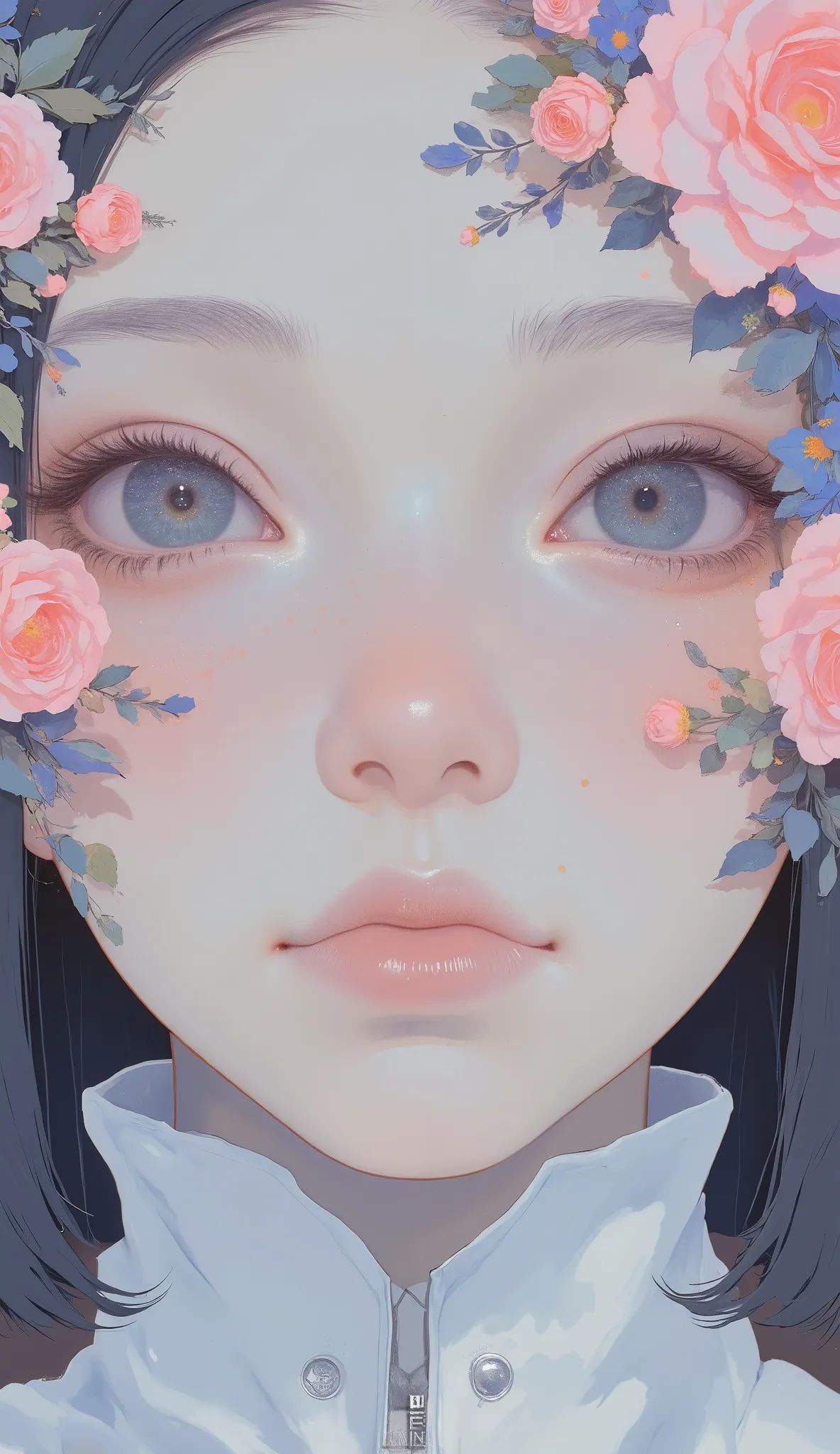 close-up of a woman with flowers on her mask,  japonisme 3d 8k ultra high definition , Porcelain Japanese Mannequin,  Exact Face Drawing , detailed face ),  COMPLEX AND BEAUTIFUL FACE ,  The Haunting of Karino, Japanese art, detailed and beautiful face, be...