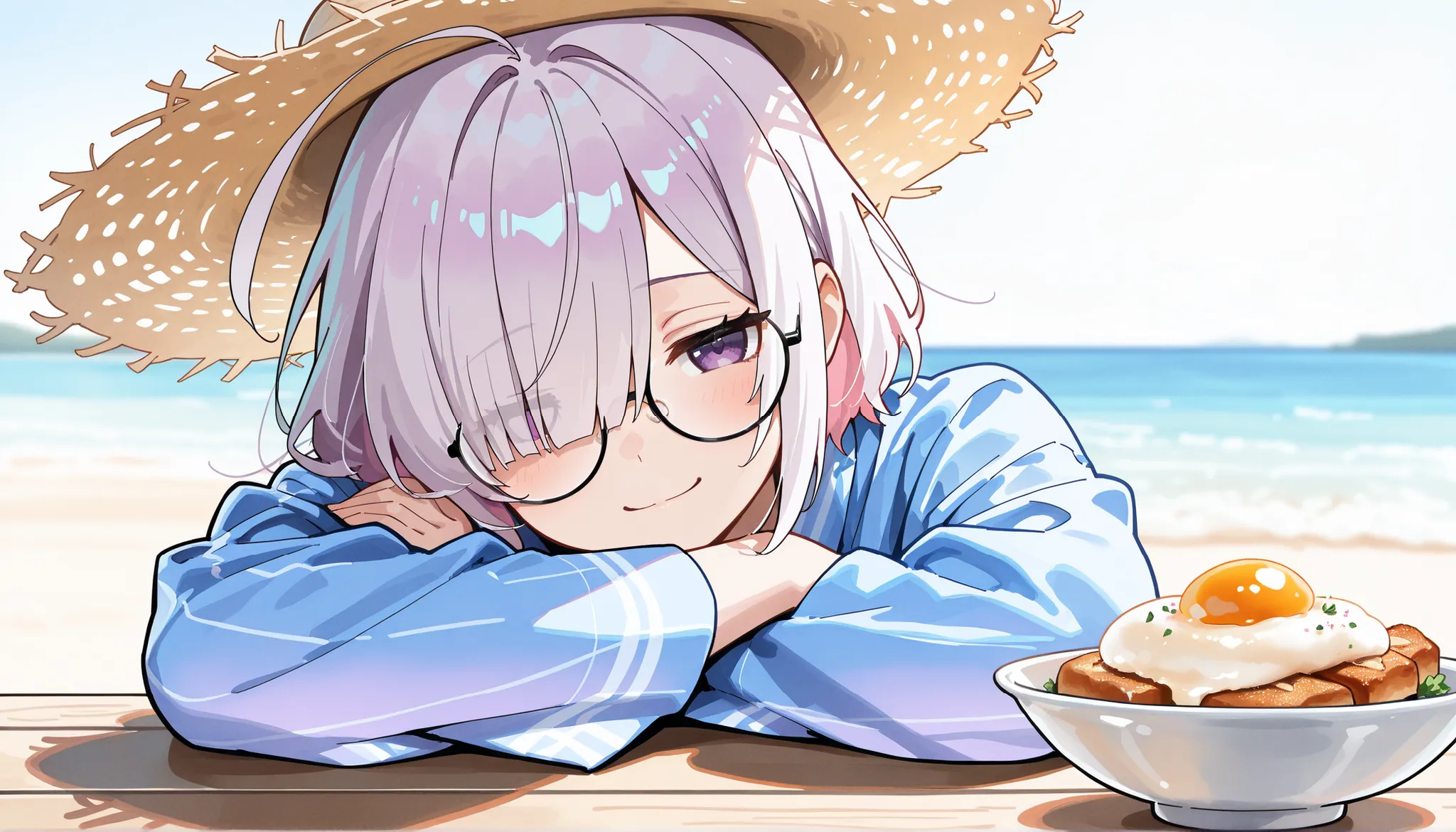 ( masterpiece , best quality , high quality ,8k,)  ( watercolor style illustration, :1.3) solo  (beautiful-young-woman:1.4)  knight = = △  muscular  (gsilver-short-bob-hair1.4)    (hair over one  eye, bangs, long bangs, :1.4) straw-hat  (red-yukata:1.4 (sh...