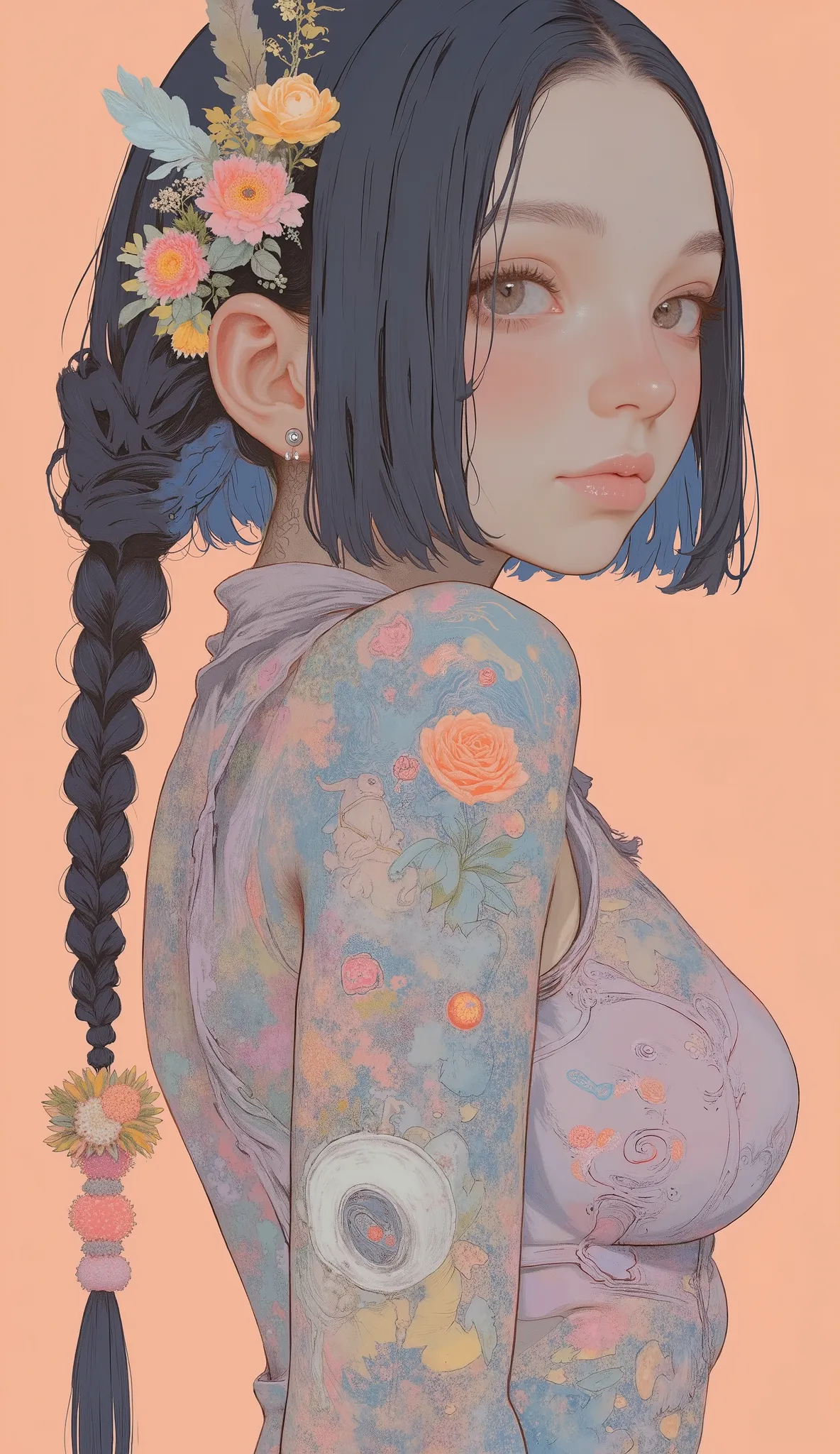 Enlarged photo of a woman with a tattoo on her back, Moebius + Reusch + Urop, Elaborate Digital Illustration, beautiful artistic illustration, exquisite digital paint, Laurie Grisley and James Jean,  Amazing Digital Illustration , beautiful digital illustr...