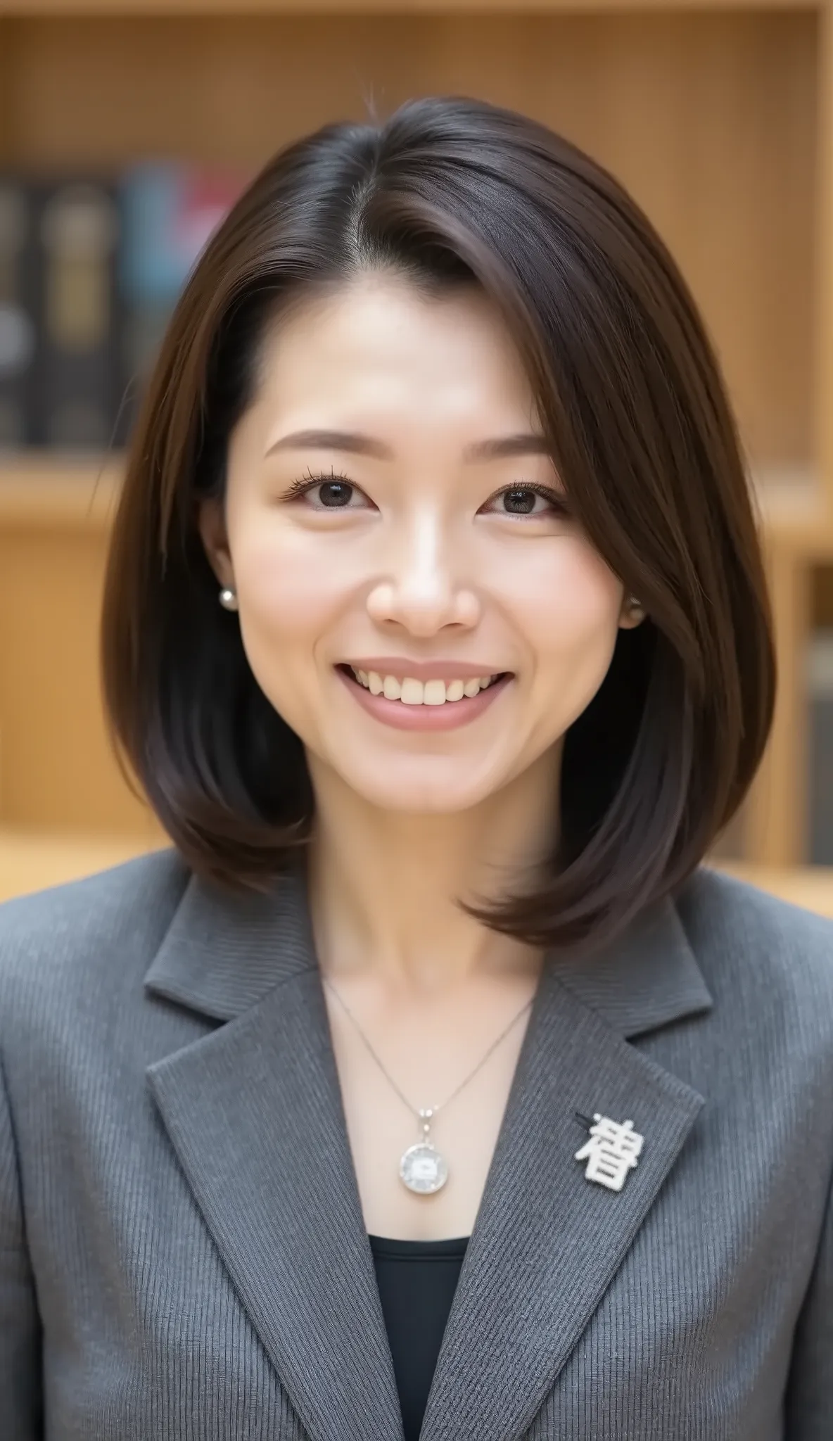 nsfw、From front、Japanese in a グレーcollarless suit、カメラ目線、25-year-old female minister、A-line bob(angled bob・inverted bob)耳にピアス、ネックレス、黒髪、、during regular press conference、(bust up shot:1.5)、、歯を見せた笑顔