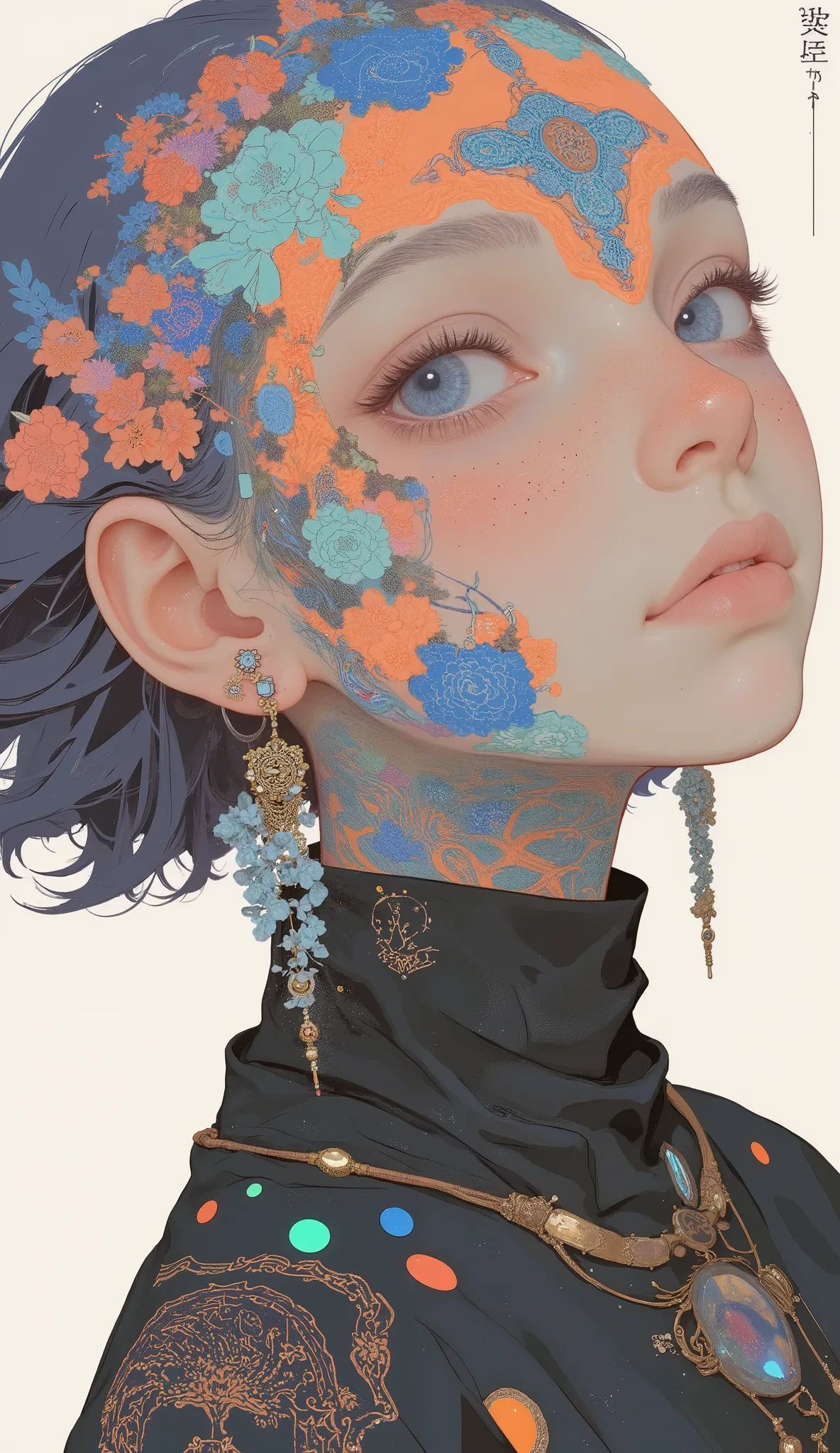 鮮やかなorange色の髪をした人物の首と頭の一部には、The tattoo features intricate patterns. An intricate design that complements the tattoo motif, It includes floral motifs and geometric patterns in colors such as blue, Teal, orange. The patterns are intricately detailed, A mysti...