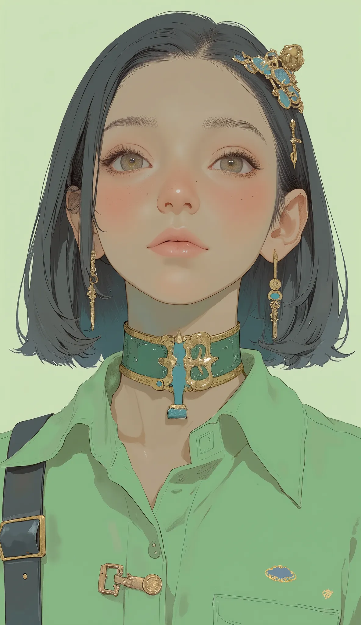 There is a woman wearing a green shirt and a green neck scarf, Reusch |, Trending with Artstory,  in the style of a digital illustration , Ant High King's staff, be inspired by Thomas Hanukkah, beautiful comic art,  amazing art style , beautiful artwork, i...