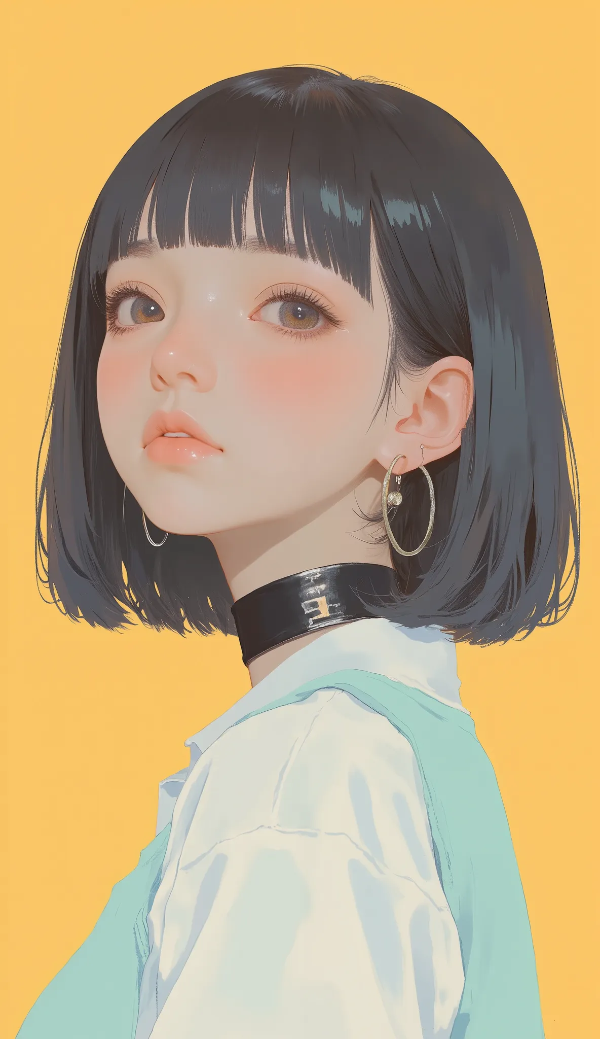 The woman who elegantly engraved, It contrasts beautifully with the warm tones of the background、is reflected on a solid yellow background。. clearly capture the texture and characteristics of her hair and outfit。, The visible part of her skin looks smooth ...