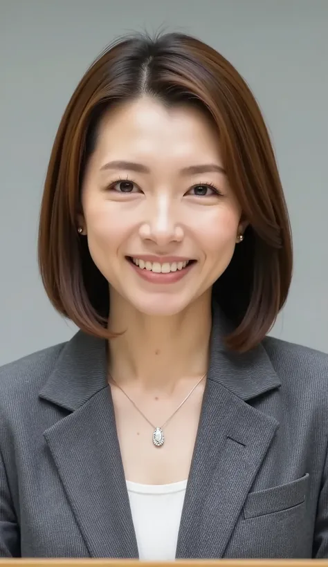 nsfw、From front、Japanese in a グレーcollarless suit、カメラ目線、25-year-old female minister、A-line bob(angled bob・inverted bob)耳にピアス、ネックレス、、during regular press conference、(bust up shot:1.5)、、歯を見せた笑顔
