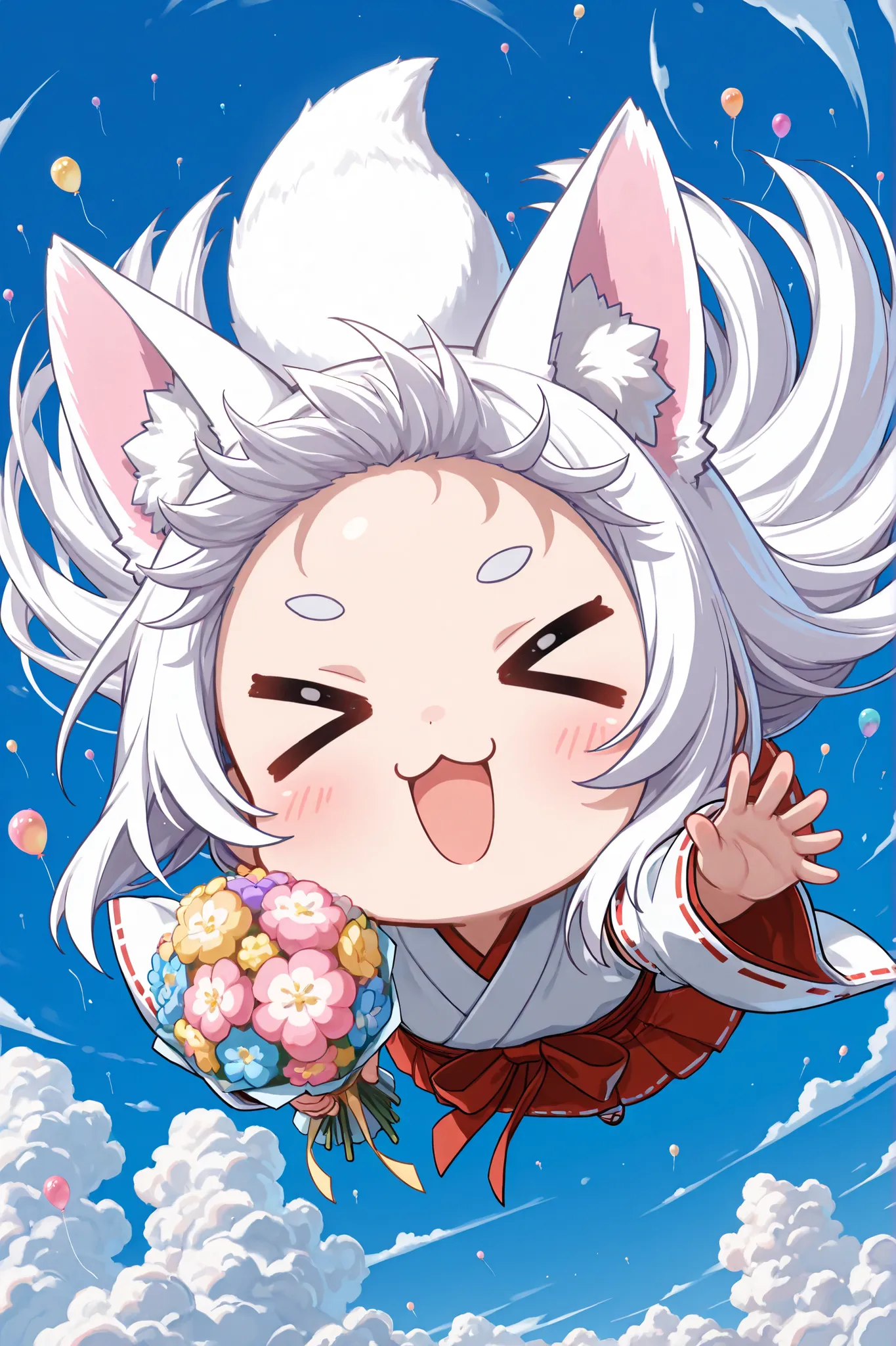 ((Masterpiece)),((best quality)),((incredibly absurdres)),((8K)),(anime style),
(1 chibi girl),(Deformed chibi),solo,white hair,long hair,straight hair,baby face,cute,kawaii,BREAK (white fox ears,white fox tail),white ear hair,pink inner ear, 
a chibi wear...