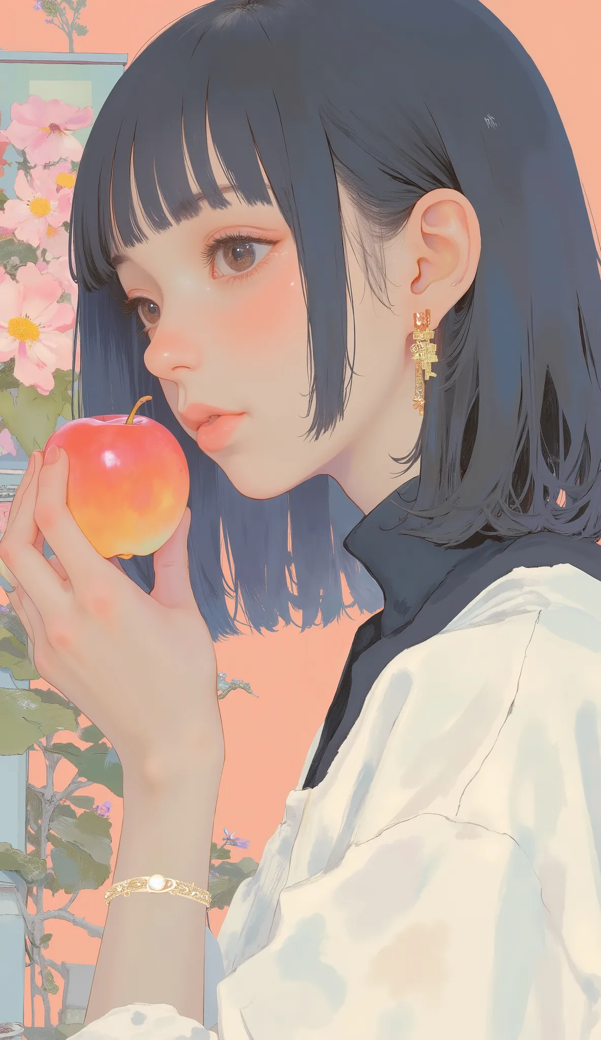 Picture of a woman holding an apple in her hand, by Chiho Aoshima, inspired by Shinsui Ito, There is a picture of a boy reading a book in a, by Miwa Komatsu, shinsui ito, by Kanzan Shimomura, by Ikuo Hirayama, by Yamaguchi Kayo, Itagaki Yoshio, by Shinoda ...