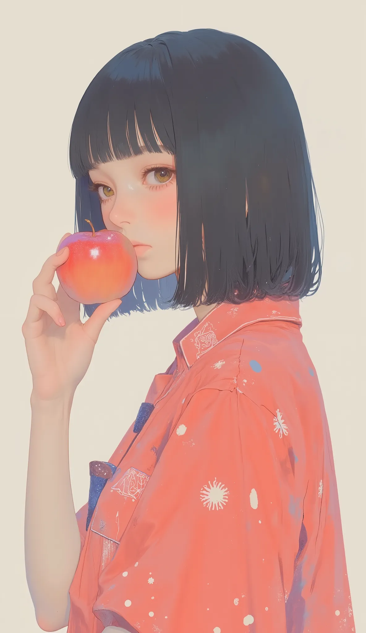the girl stands out, holding a bright red apple in her hand. Her straight, dark hair, Cut into a pretty bob, depending on the viewer's point of view. The girl wears a red dress adorned with an intricate pattern of small white dots, The, The apple adds a pl...