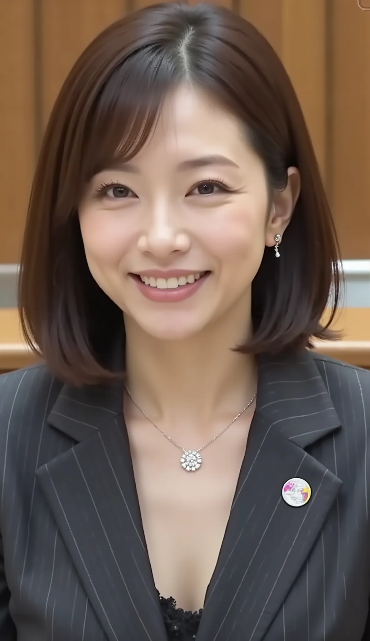 nsfw、From front、Japanese in a グレーcollarless suit、looking at the camera、25-year-old female minister、、hairstyle shortcuts、wavy hair、Ear piercings、necklace、、黒髪、during regular press conference、(bust up shot:1.5)、、Smiling Face Showing Teeth Video Generation