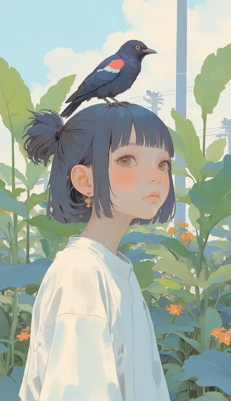 Picture of a boy with a bird on her head, Written by Lu Ji, Illustration of two children in a garden with large leaves, Inspired by Wang Ximeng , By Chen Jill, Feather head, There's a bird on her head, by Kim Tschang Yeul, Put a Crow on Your Shoulders, By...