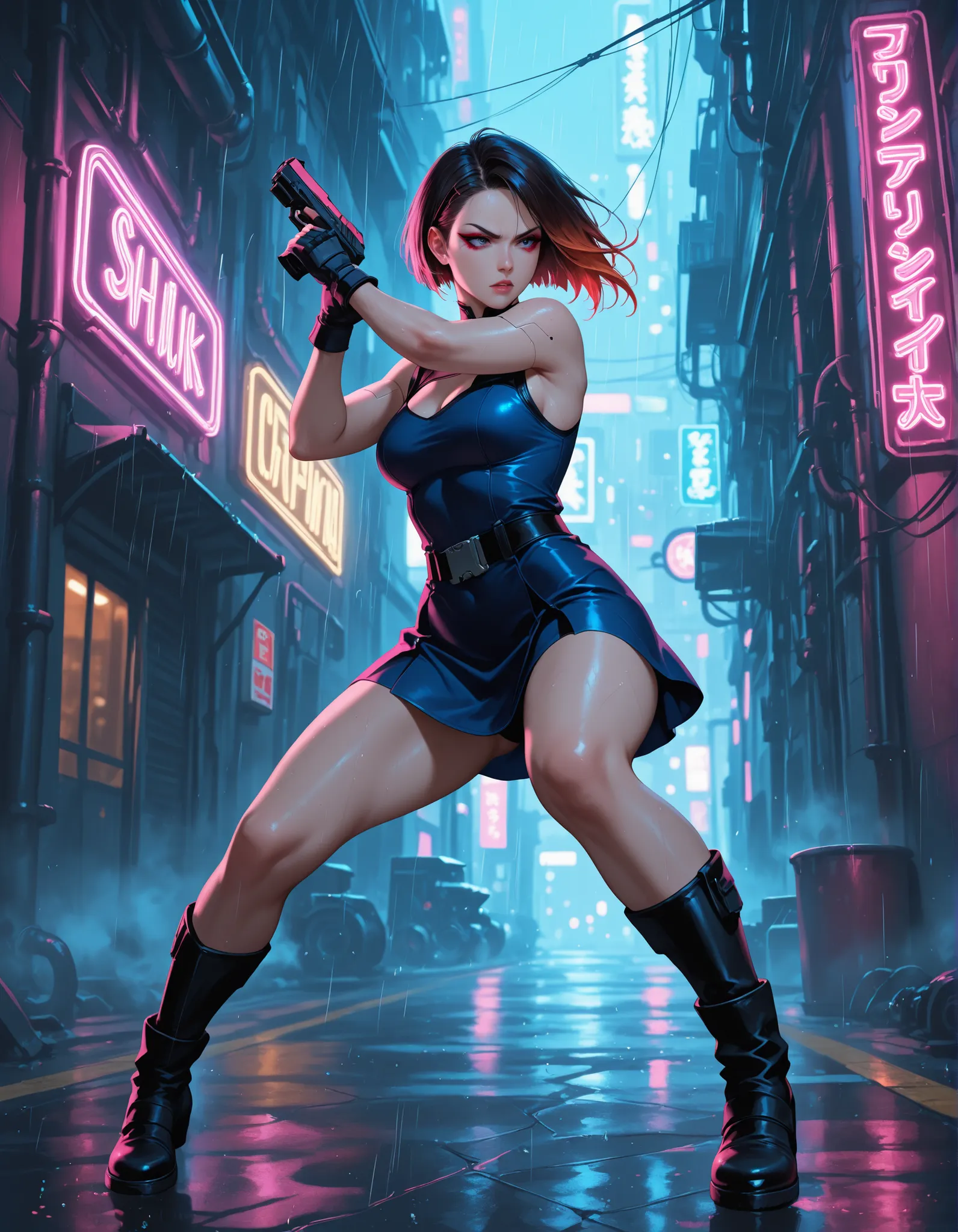  masterpiece, best quality, cyberpunk female, beautiful female, perfect body, long eyelashes, eyeshadow, eyeliner, short dress, full body, fighting stance, fighting scene, Cyberware, detailed facial features, intense expression, combat pose, neon lights, r...