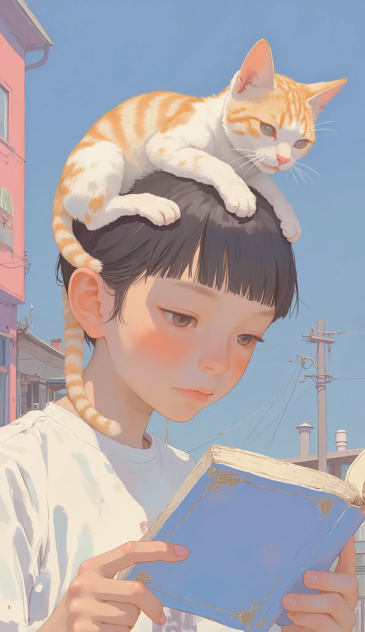 Picture of a child with a cat on his head,  by Yuko Tatsushima , by Kim Tschang Yeul, by Mei Qing, There is a picture of a boy reading a book in a, Ryusuke Fukahori,  by Lee In-moon , by Kamisaka Sekka, Aixuan,  by Haku Maki, inspired There is a picture of...