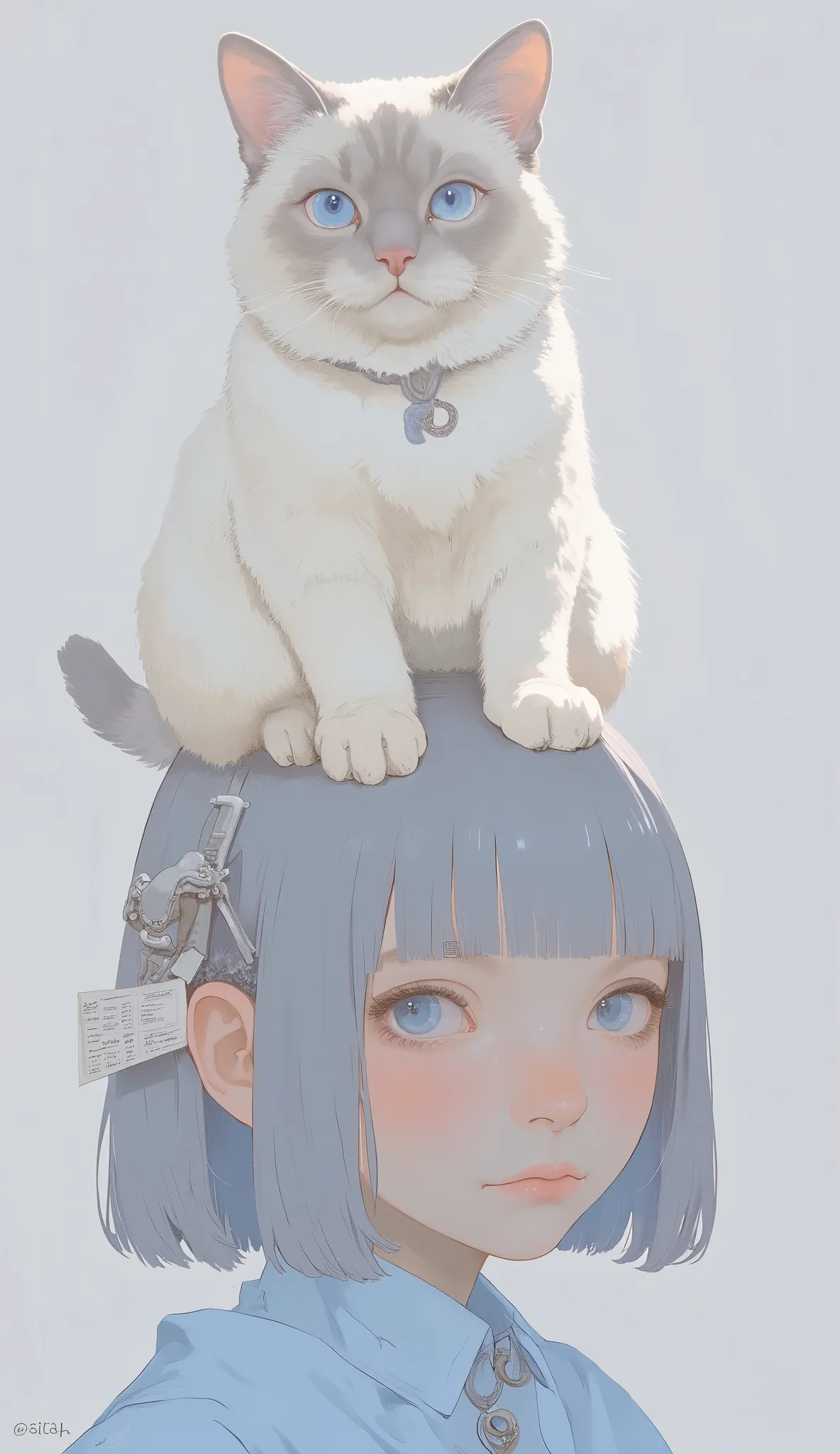 The unusual painting、has striking blue eyes that are stoic yet adorable {x} A white and grey plush cat sitting on a person's head I'm drawing a unique scene. The cat's fur is creamy white and soft gray, in、ストイックinありながら愛らしい印象的な青い目をしています。expression. The pers...