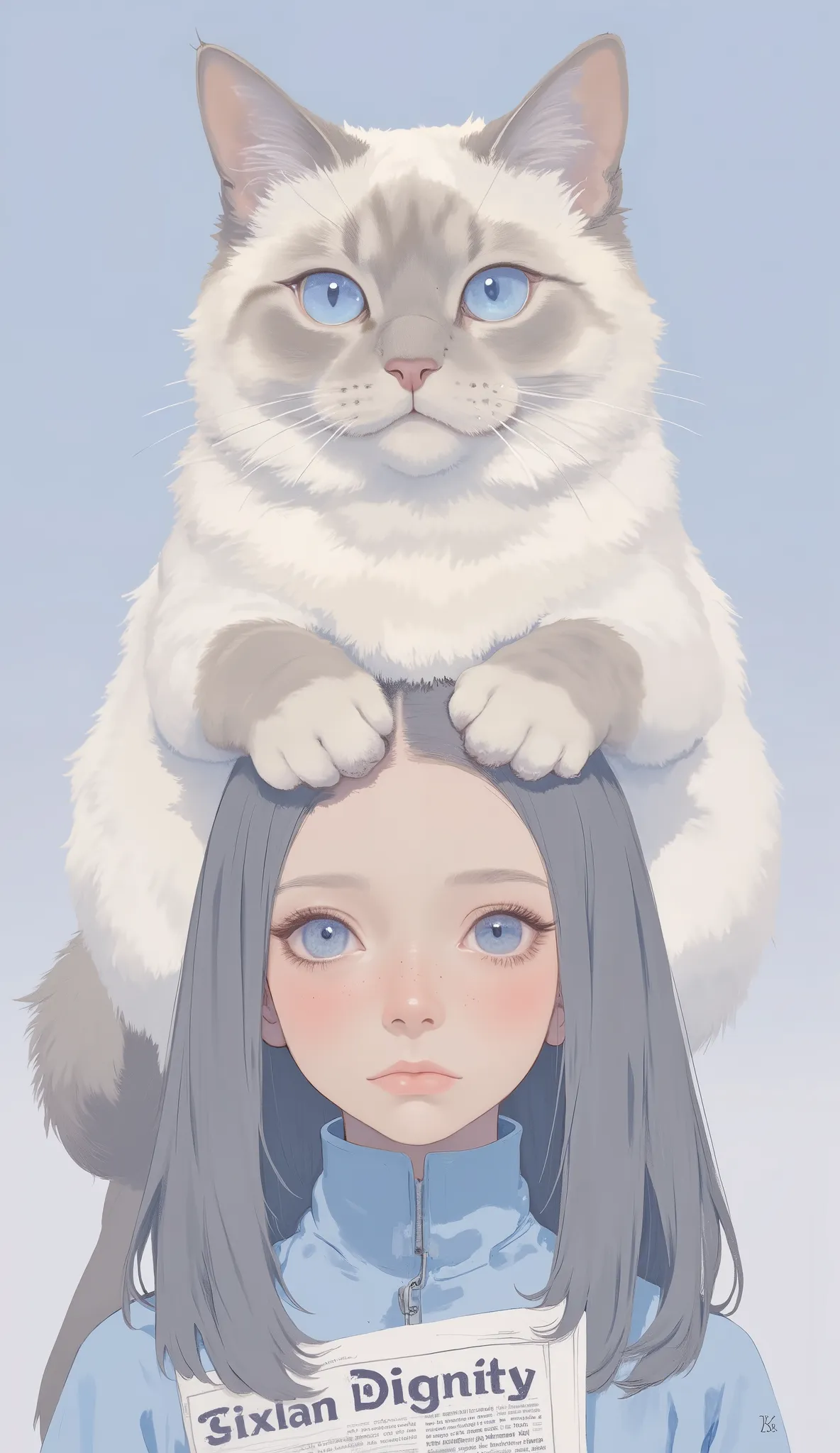 The unusual painting、has striking blue eyes that are stoic yet adorable {x} A white and grey plush cat sitting on a person's head I'm drawing a unique scene. The cat's fur is creamy white and soft gray, in、ストイックinありながら愛らしい印象的な青い目をしています。expression. The pers...