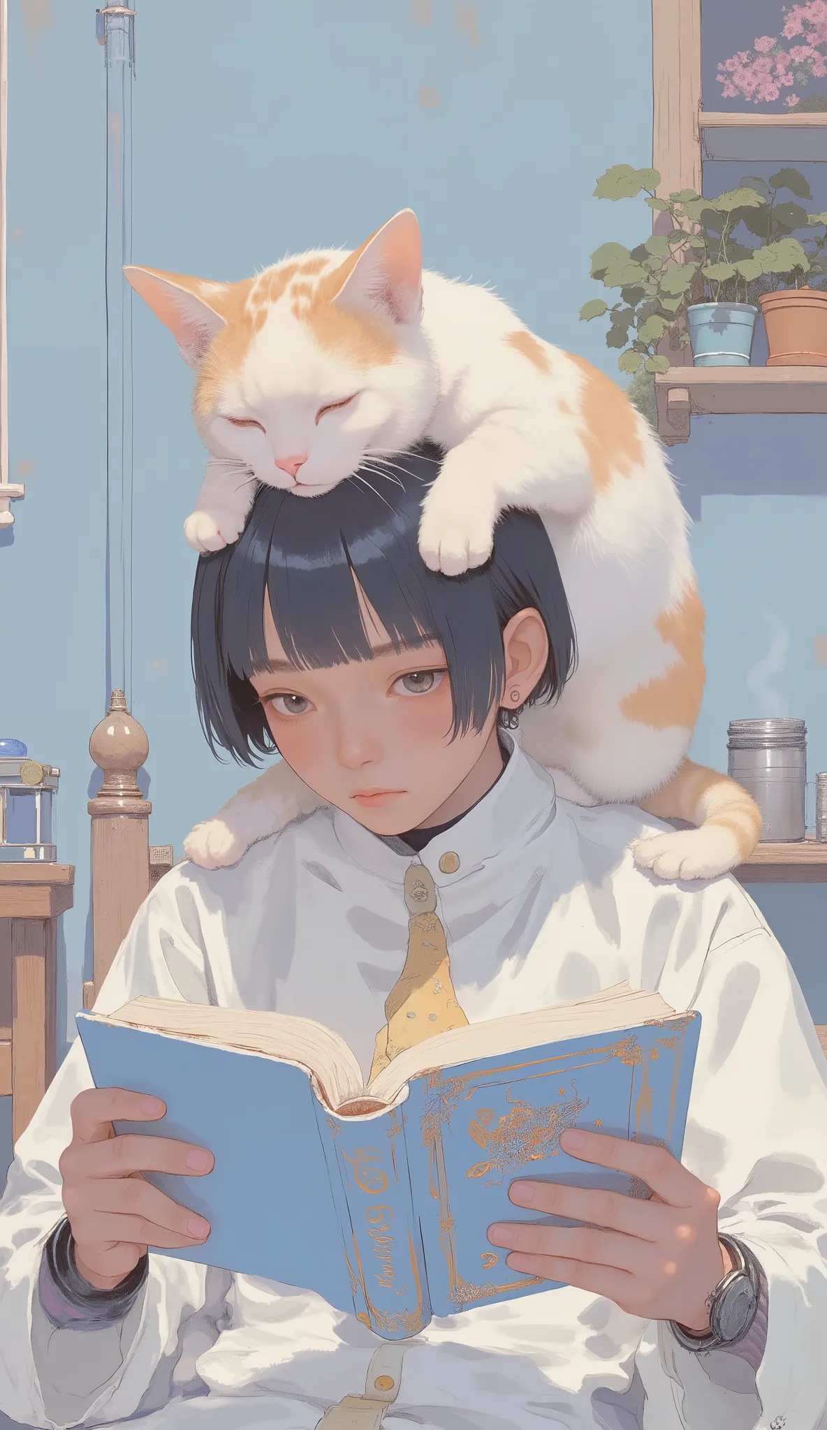 Picture of a child with a cat on his head,  by Yuko Tatsushima , by Kim Tschang Yeul, by Mei Qing, There is a picture of a boy reading a book in a, Ryusuke Fukahori,  by Lee In-moon , by Kamisaka Sekka, Aixuan,  by Haku Maki, inspired There is a picture of...