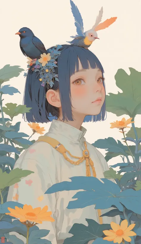Picture of a boy with a bird on her head, Written by Lu Ji, Illustration of two children in a garden with large leaves, Inspired by Wang Ximeng , By Chen Jill, Feather head, There's a bird on her head, by Kim Tschang Yeul, Put a Crow on Your Shoulders, By...