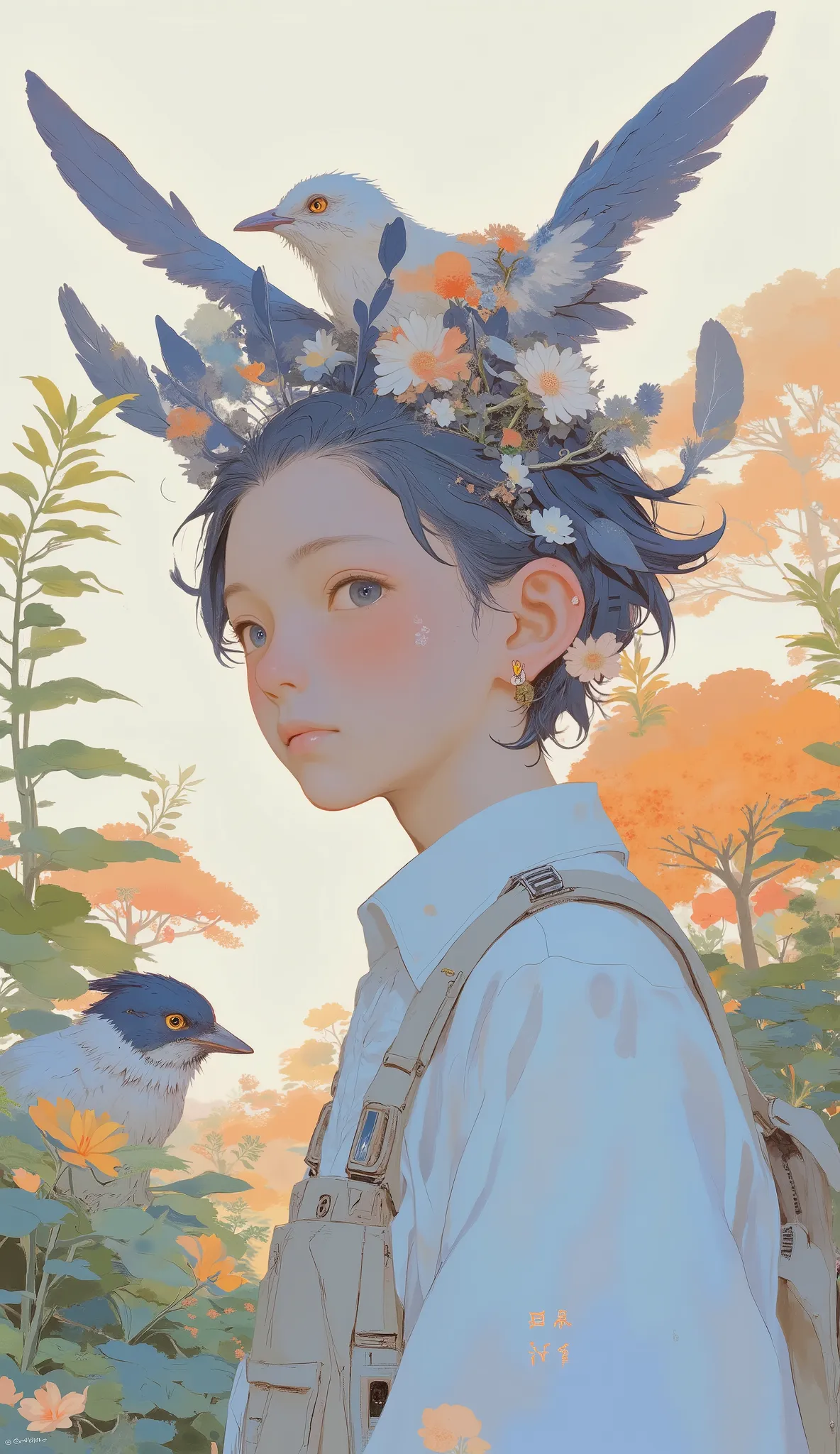 Picture of a boy with a bird on her head, Written by Lu Ji, Illustration of two children in a garden with large leaves,  Inspired by Wang Ximeng , By Chen Jill, Feather head, There's a bird on her head, by Kim Tschang Yeul, Put a Crow on Your Shoulders, By...
