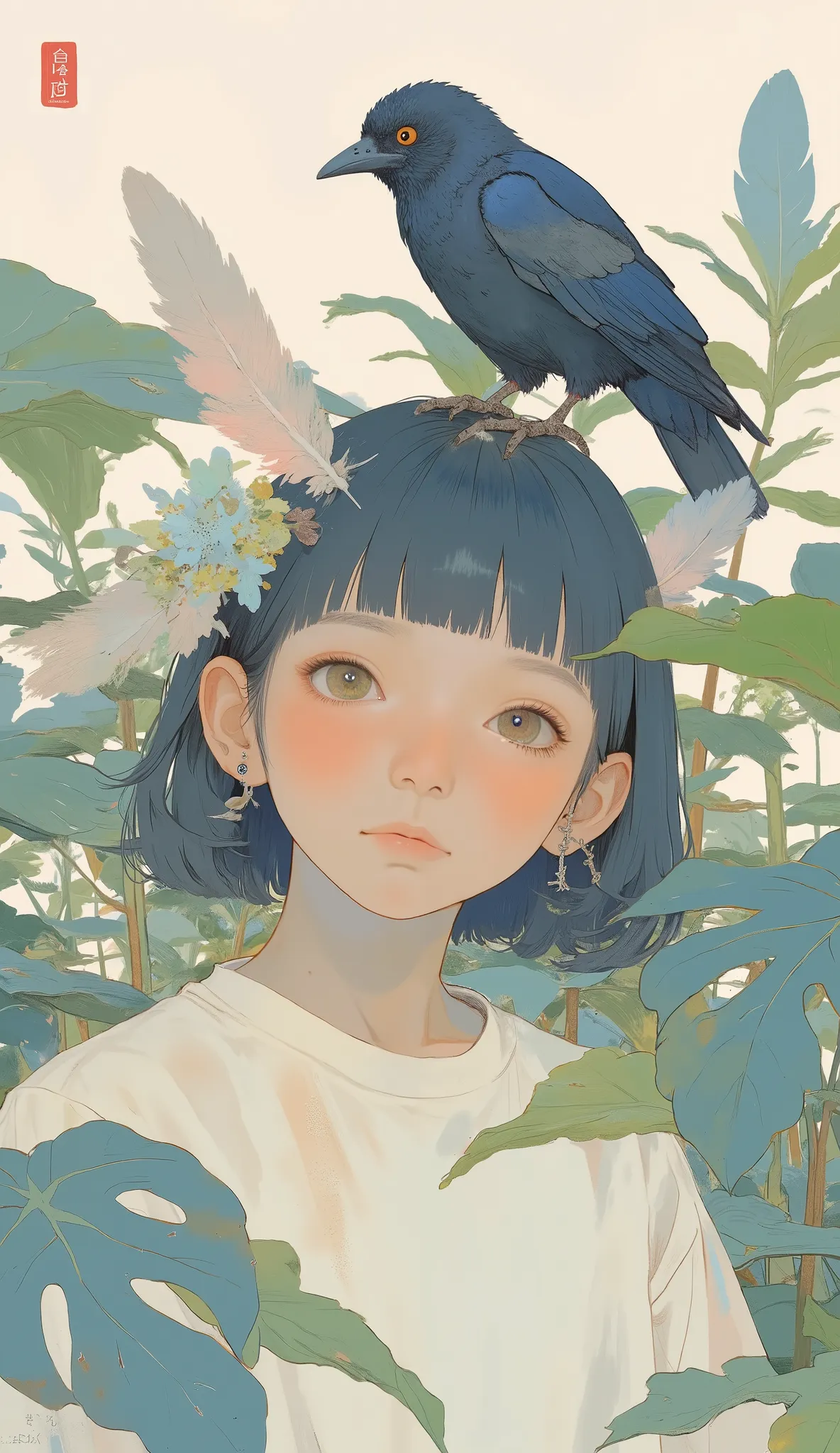Picture of a boy with a bird on her head, Written by Lu Ji, Illustration of two children in a garden with large leaves,  Inspired by Wang Ximeng , By Chen Jill, Feather head, There's a bird on her head, by Kim Tschang Yeul, Put a Crow on Your Shoulders, By...