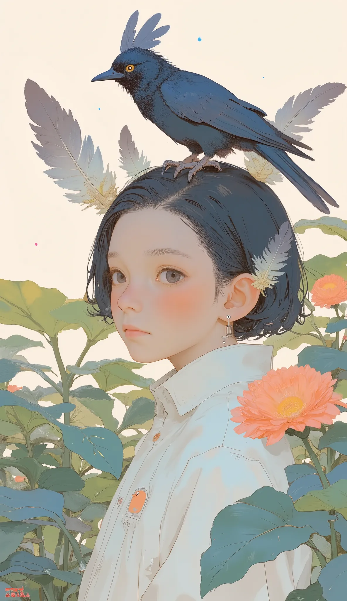 Picture of a boy with a bird on her head, Written by Lu Ji, Illustration of two children in a garden with large leaves,  Inspired by Wang Ximeng , By Chen Jill, Feather head, There's a bird on her head, by Kim Tschang Yeul, Put a Crow on Your Shoulders, By...