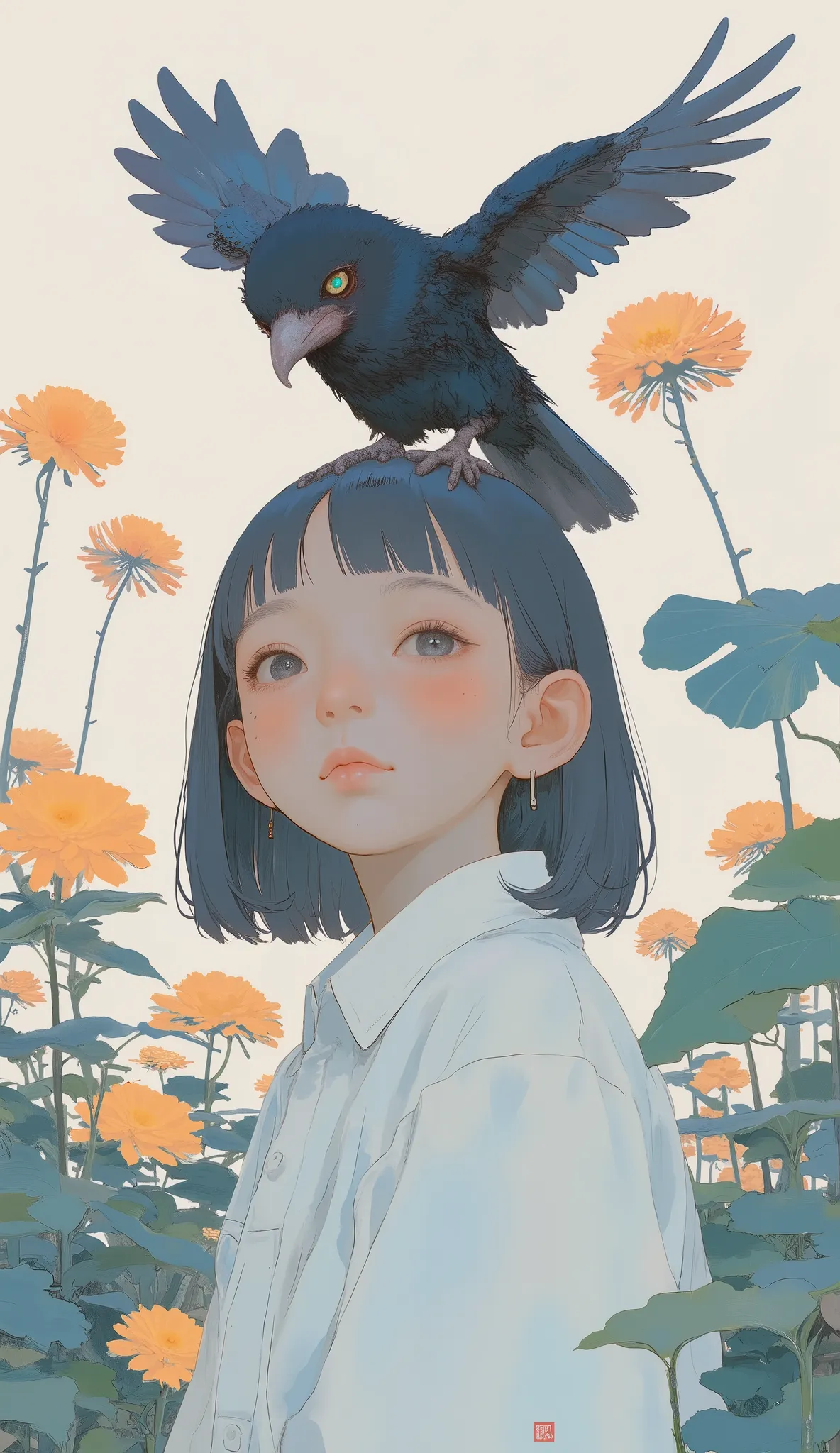 Picture of a boy with a bird on her head, Written by Lu Ji, Illustration of two children in a garden with large leaves,  Inspired by Wang Ximeng , By Chen Jill, Feather head, There's a bird on her head, by Kim Tschang Yeul, Put a Crow on Your Shoulders, By...