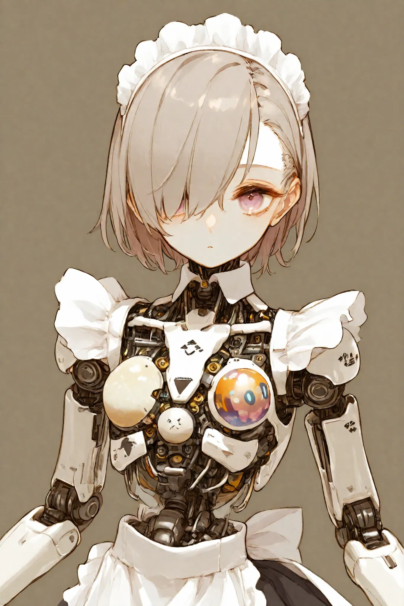 Maid Outfit。Small and slim。short cut hair。android。Robot body、Sphere Festival。solo。