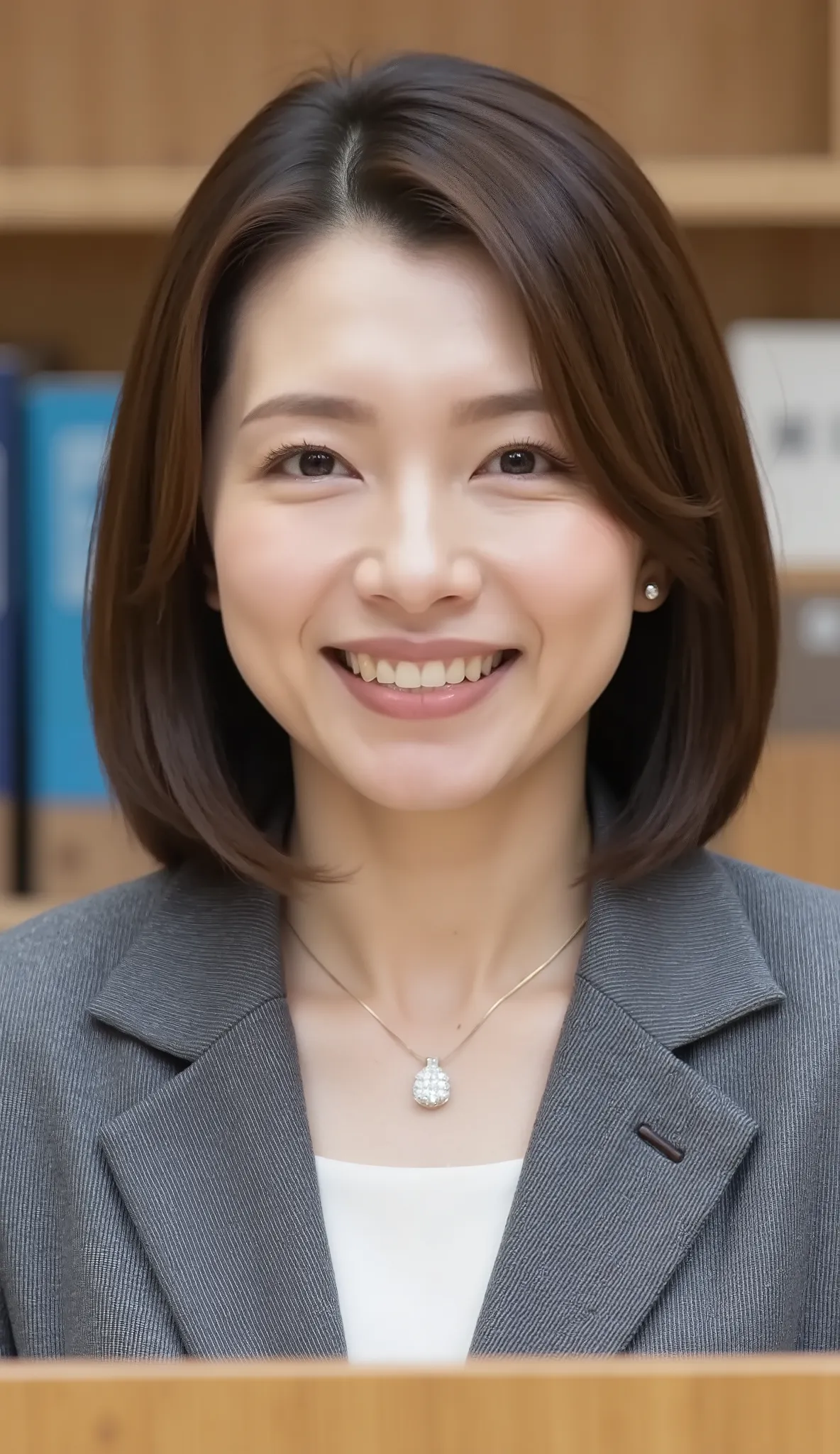 nsfw、From front、Japanese in a グレーcollarless suit、カメラ目線、25-year-old female minister、A-line bob(angled bob・inverted bob)耳にピアス、ネックレス、、during regular press conference、(bust up shot:1.5)、、歯を見せた笑顔