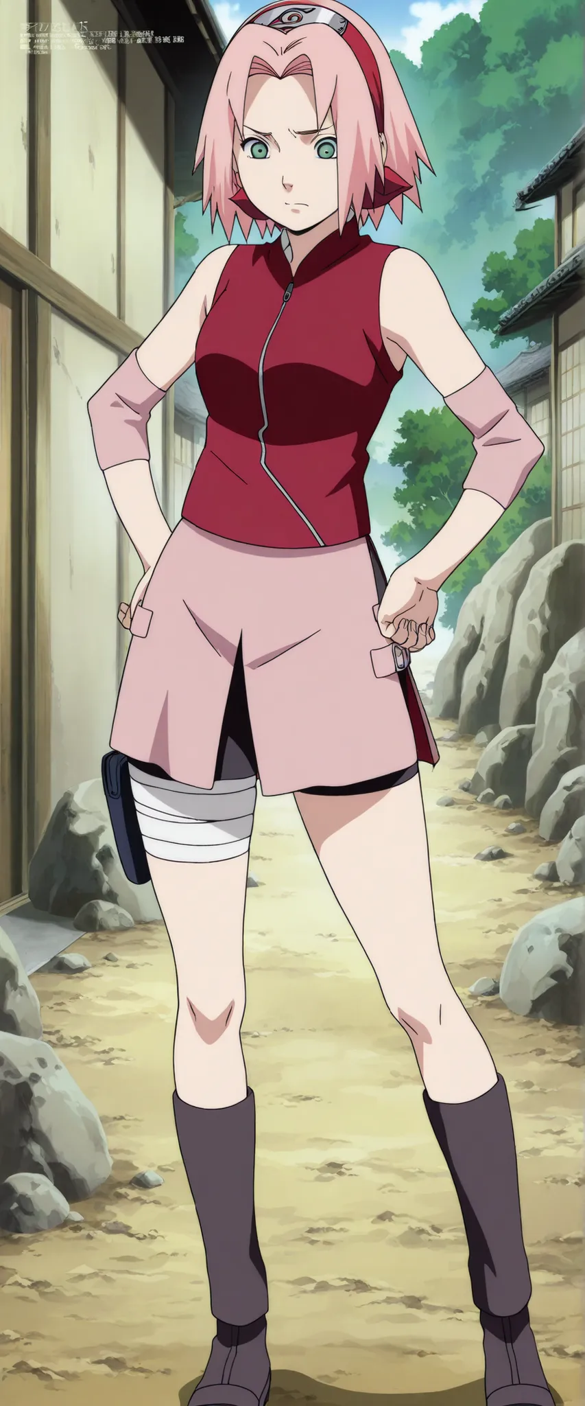 1girl,haruno sakura standing A face that looks like it's thinking about something., BREAK pink hair, short hair, red hairband, green eyes, parted bangs, BREAK red sleeveless minidress, zipper, pink miniskirt, bandaged thigh, BREAK medium breasts, beautiful...