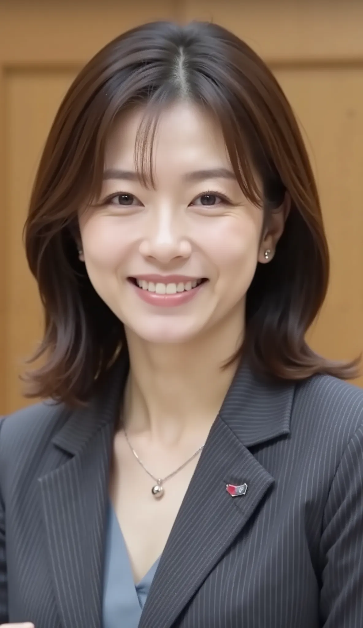 nsfw、From front、Japanese in a グレーcollarless suit、looking at the camera、25-year-old female minister、、hairstyle shortcuts、wavy hair、Ear piercings、necklace、、黒髪、during regular press conference、(bust up shot:1.5)、、Smiling Face Showing Teeth Video Generation