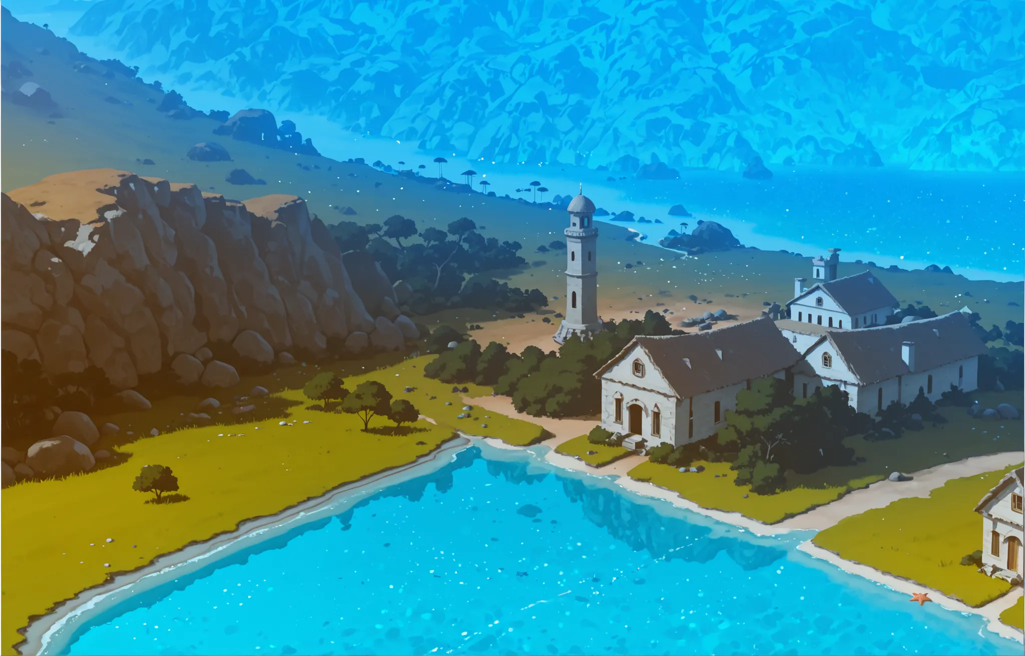 ((location)). ((no piople)) location, grass, stones, an island, details, starfish  ((современный an island))