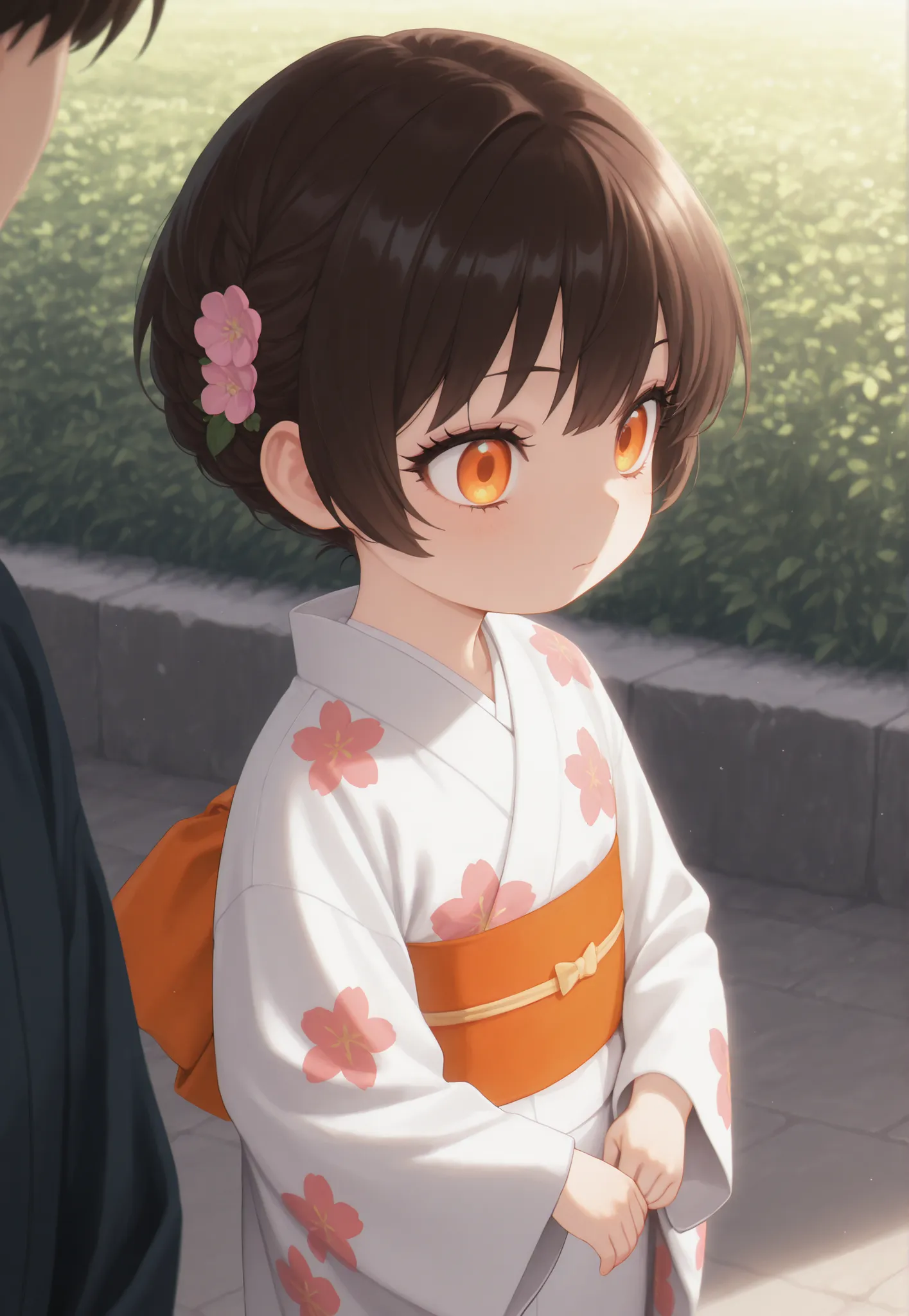 masterpiece, better quality, newest, safe, good anatomy, good resolution, good lighting.  beautiful, anime, , adorable. Little girl, Dark Brown Hair and Short Hair, Hairstyle. Intense orange eyes. black eyelashes, piel clara. Baby. watching the spectator, ...