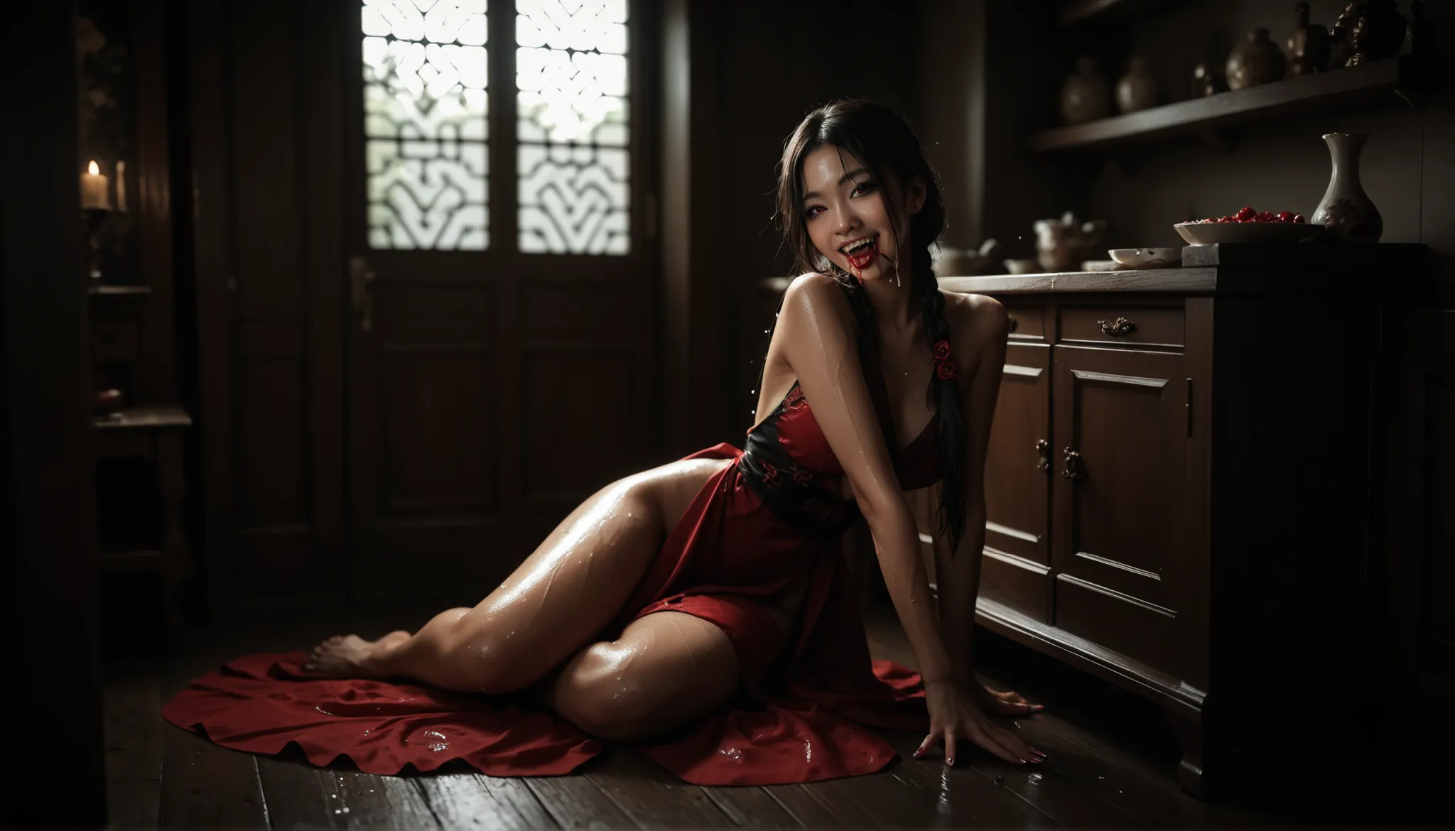 sexy oriental vampire dress long tied with necklines - showing her fangs straight wet hair 'blood oozing in the corner of her fleshy mouth - sample legs - image showing full body
