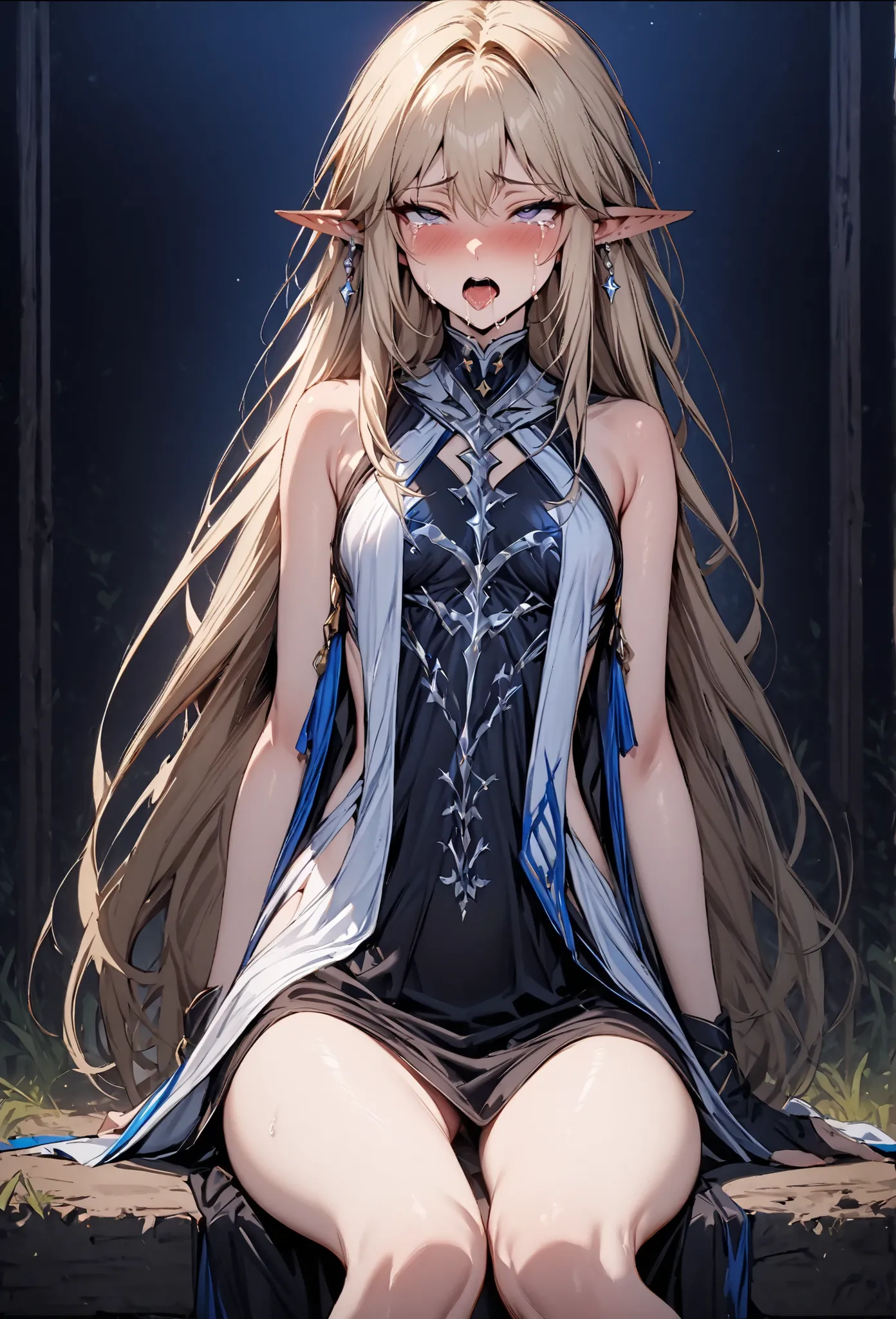 ((masterpiece, top quality:1.2)),(((1girl))),cowboy suffering from hiccups {x} cowboy shot,A slender saint sitting with her legs spread wide apart in the prairie at night,thin thighs,Blonde Straight,long hair,stupid hair, perfect blue eyes ,Beautiful skin,...