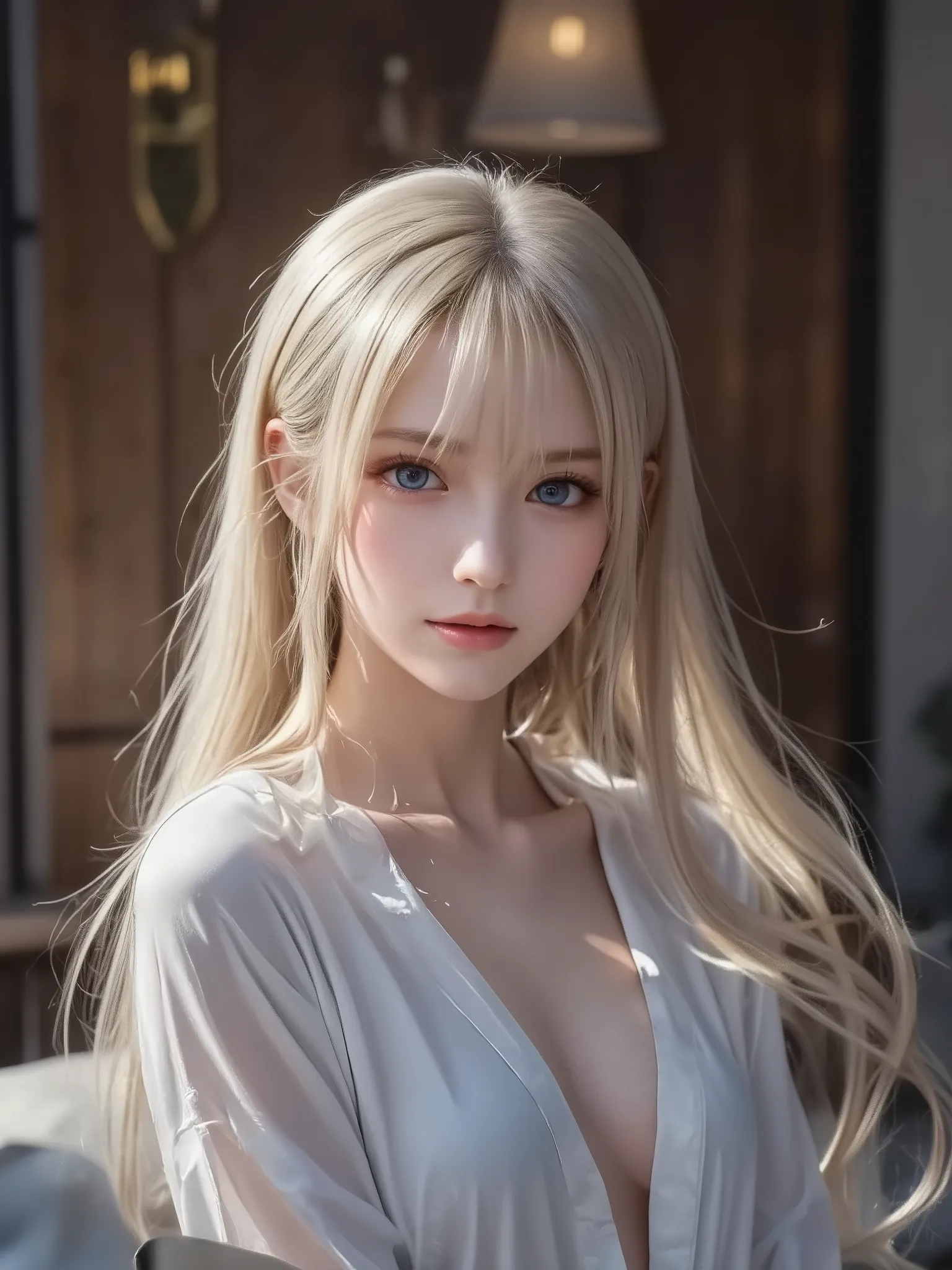 二度寝、a beautiful young woman wrapped up in a soft white blanket, only her face visible as she peeks out, lying on her bed in the morning light, her long slightly messy hair falling over her cheeks, sleepy half-open eyes, a faint warm smile, natural sunlight...