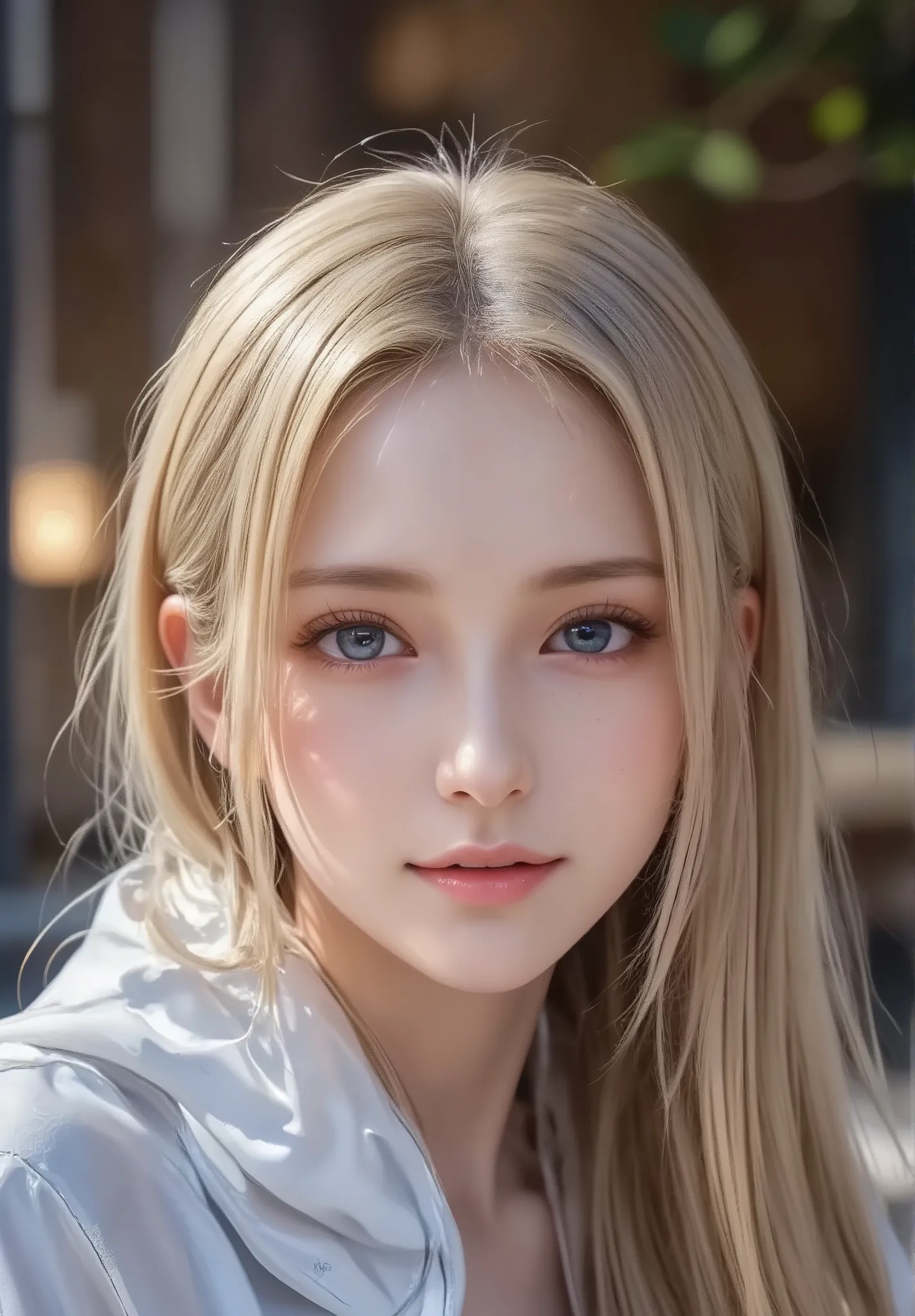 a beautiful young woman wrapped up in a soft white blanket, only her face visible as she peeks out, lying on her bed in the morning light, her long slightly messy hair falling over her cheeks, sleepy half-open eyes, a faint warm smile, natural sunlight sof...