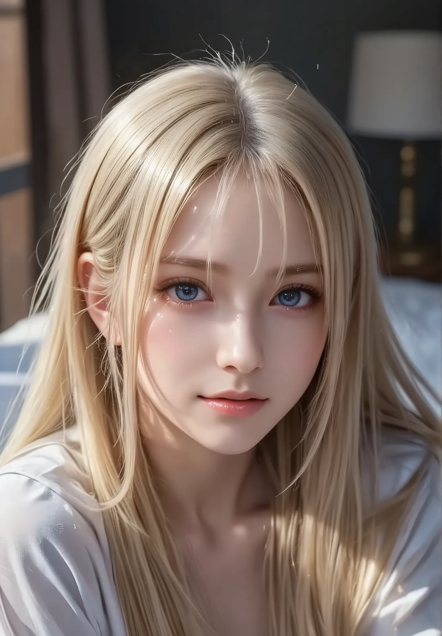 a beautiful young woman wrapped up in a soft white blanket, only her face visible as she peeks out, lying on her bed in the morning light, her long slightly messy hair falling over her cheeks, sleepy half-open eyes, a faint warm smile, natural sunlight sof...
