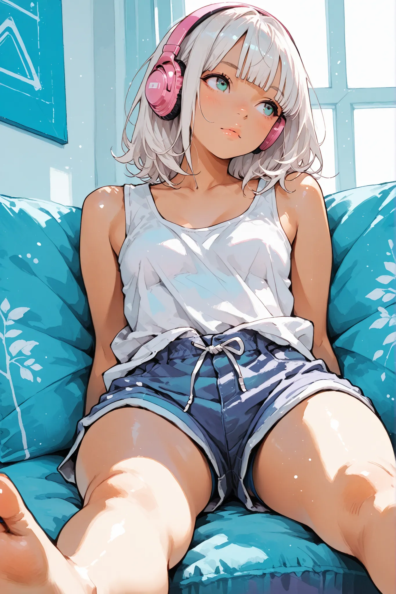 1 girl,Super Detailed,absolute resolution,(tanned skin:0.5),(dynamic angles),portrait,(pinup),worm’s-eye view,sitting,Leaning on Large cushion,((legs stretched out)),head tilt,looking afar,pink headphones,((white loose tank top)),((untucked shirt)),blue bo...