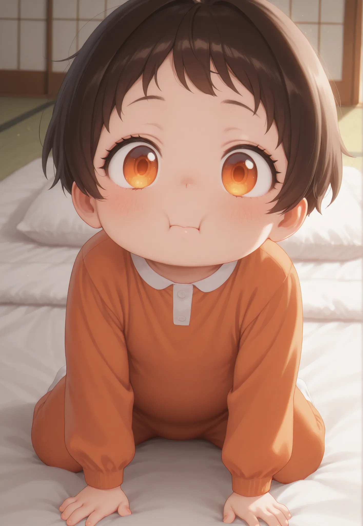 masterpiece, better quality, newest, safe, good anatomy, good resolution, good lighting.  beautiful, anime, , adorable. Little girl, Dark Brown Hair and Short Hair. Intense orange eyes. black eyelashes, piel clara, plump cheeks. Adorable 6-8 month old baby...