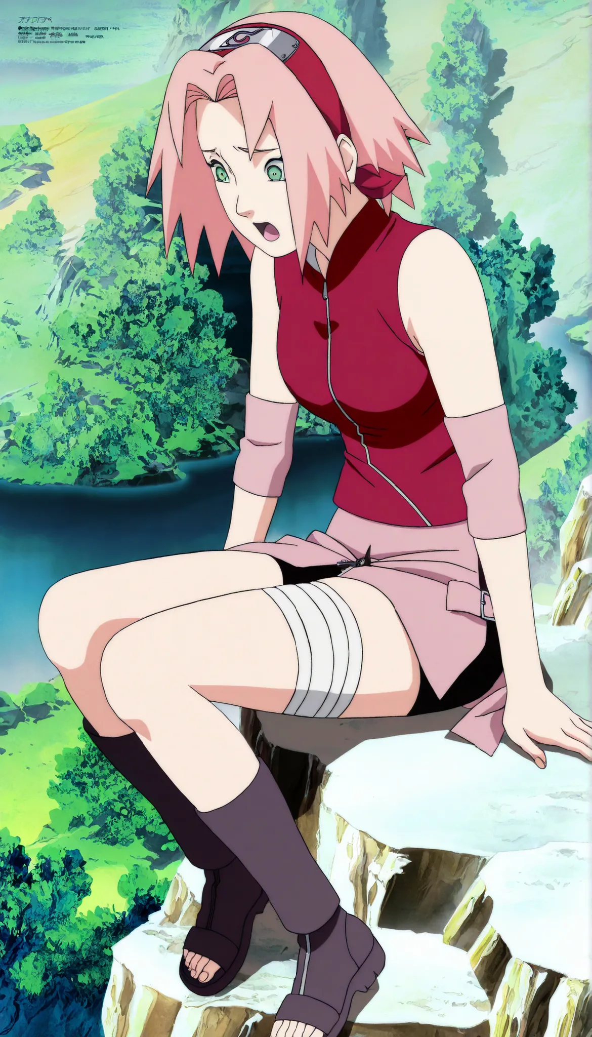 1girl,haruno sakura sitting on, BREAK pink hair, short hair, red hairband, green eyes, parted bangs, BREAK red sleeveless minidress, zipper, pink miniskirt, bandaged thigh, BREAK medium breasts, beautiful body, beautiful legs ,lift legs, masterpiece,best q...