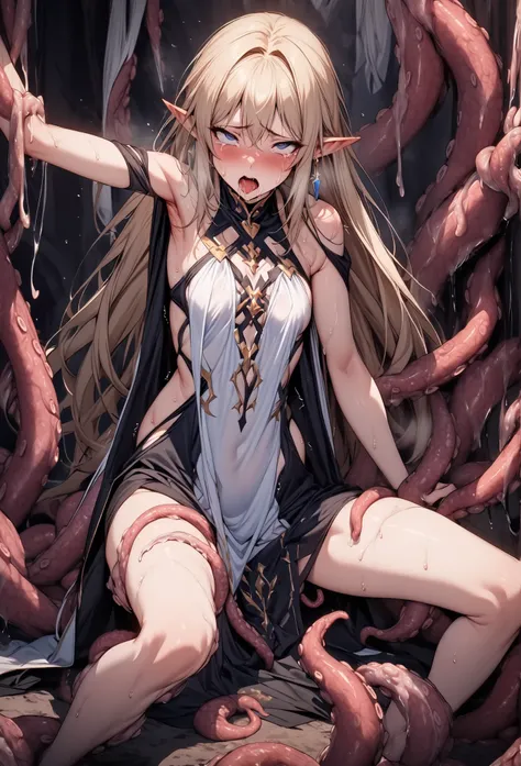 ((masterpiece, top quality:1.2)),(((1girl is caught by a large number of tentacles))),cowboy suffering from hiccups {x} cowboy shot,A slender saint who is caught by a large number of tentacles in her tentacle nest、A slender saint who sits on the ground wit...