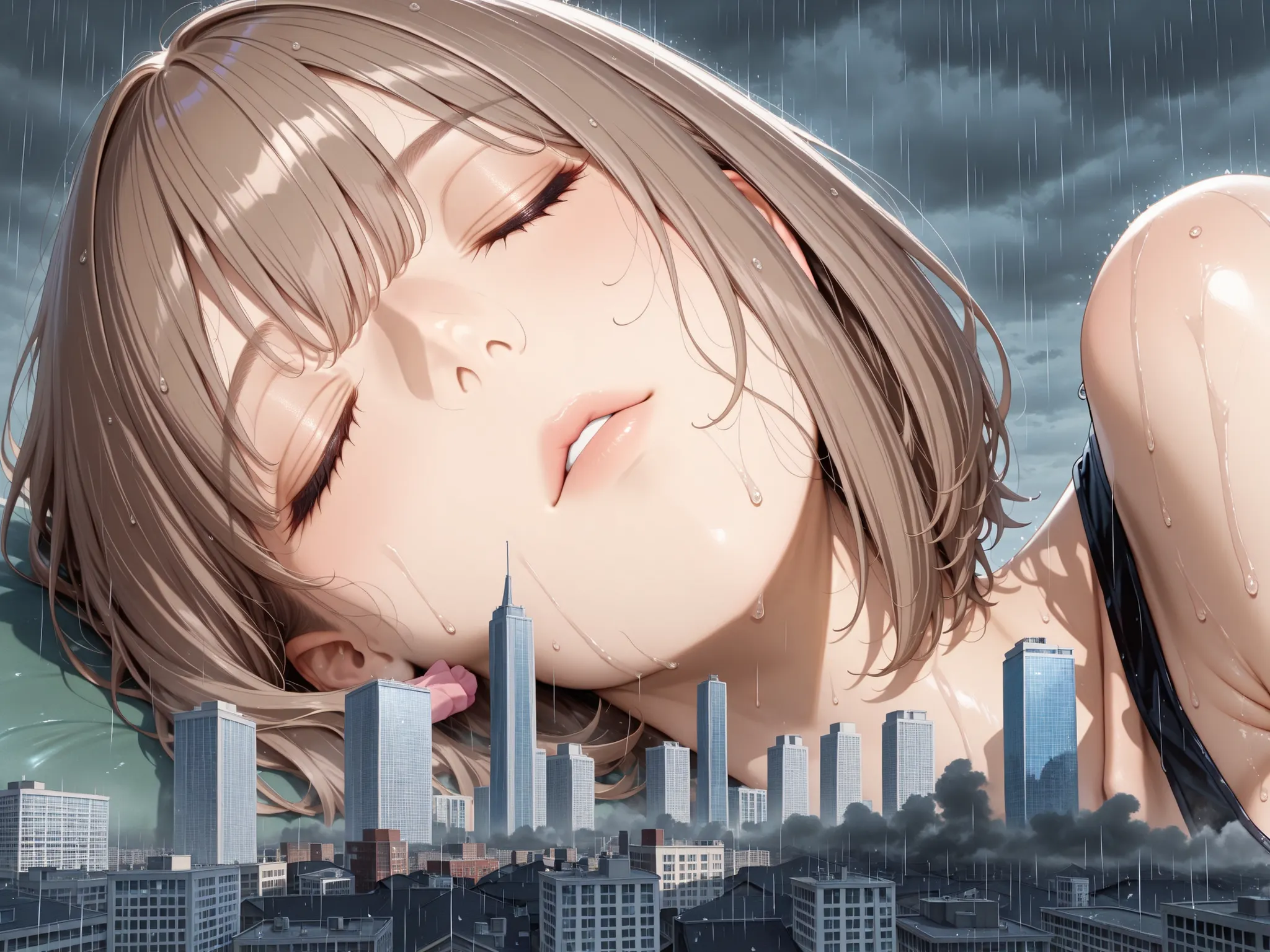 masterpiece, best quality, great quality, very detailed,solo, "Harusaki Nodoka" are sleeping in each other's arms, The gigantic "Harusaki Nodoka"  towering higher than any building, Miniature cities, ruined miniature cities,Densely packed buildings, Destro...