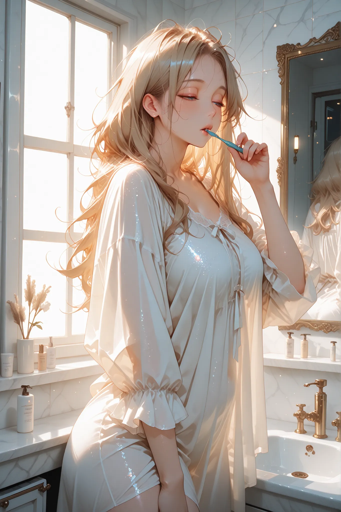 masterpiece, best quality, bright, very aesthetically pleasing, high contrast, newest , 1 divinely beautiful woman, mature woman, waking up, morning, sleepy expression, half-closed eyes, messy hair, loose strands of hair, brushing teeth, holding toothbrush...