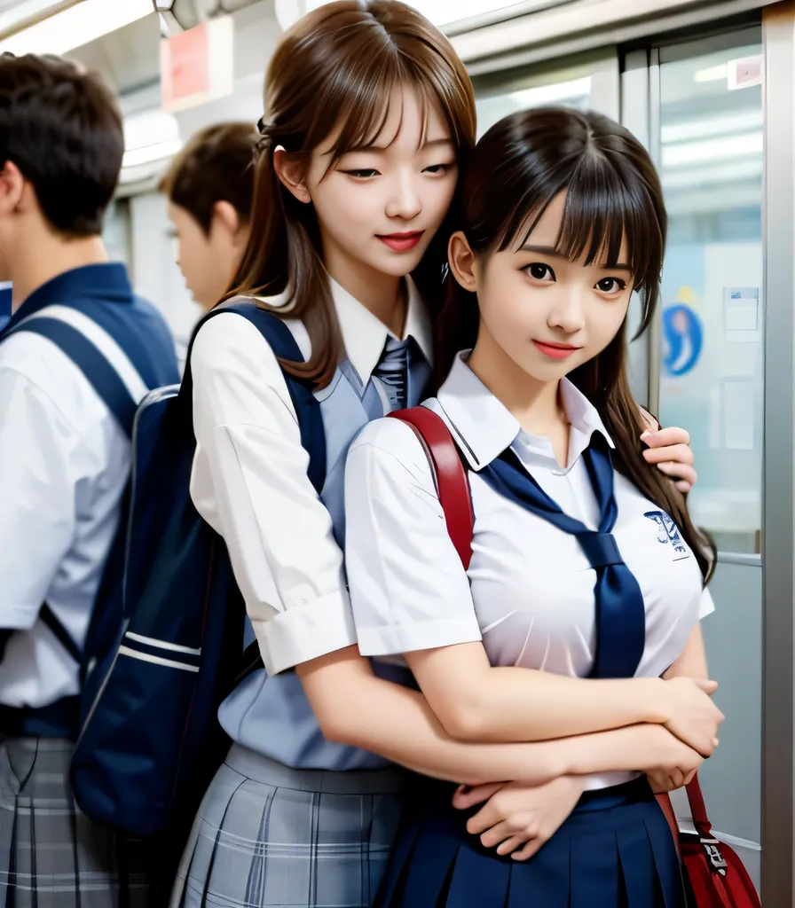  cute女子高生2人 、(cute、boyish)、(  High School Girl in Uniform)、Full body photo撮影、(Let's get on a crowded train、(Inside a crowded train))、(Bian、homosexuality)、( hugging from behind:1.4、bag hugging:1.4)、 Expressions of joy 、ecstasy、Full body photo、In a high scho...