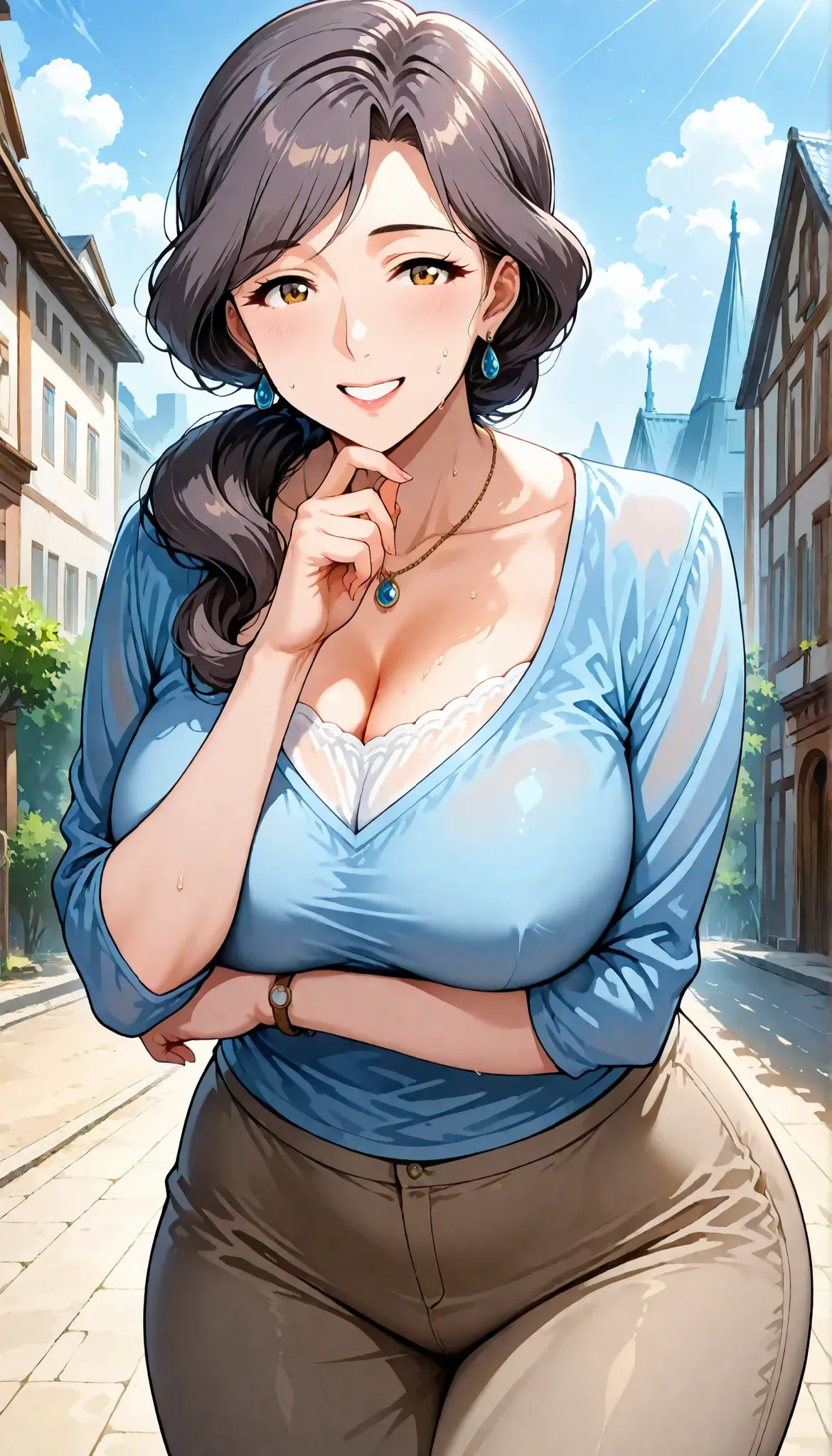 1girl, solo, Mom, Mature Woman,tall woman outdoors at the seaside, Tall Mom, tall woman outdoors at the seaside, Hot Mom, Beautiful housewife, Mom, Mature Woman Ready To Sex, Cold and reserved attitude, Confident、Calm atmosphere, Elegant Presence, Looks li...