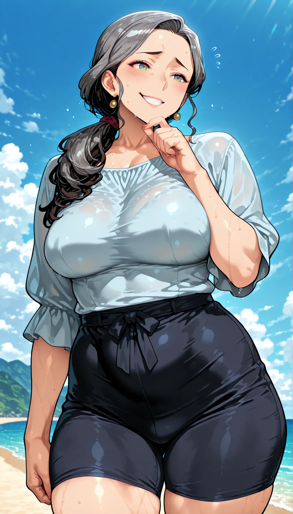 1girl, solo, Mom, Mature Woman,tall woman outdoors at the seaside, Tall Mom, tall woman outdoors at the seaside, Hot Mom, Beautiful housewife, Mom, Mature Woman Ready To Sex, Cold and reserved attitude, Confident、Calm atmosphere, Elegant Presence, Looks li...