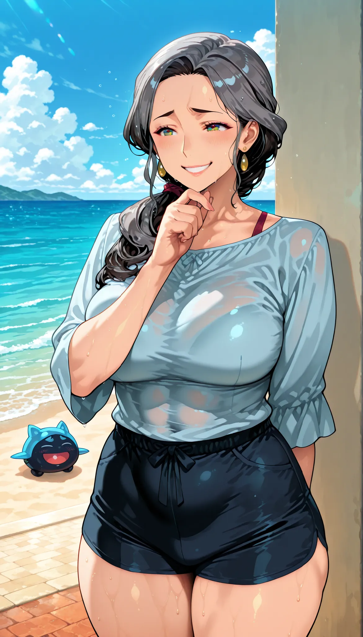 1girl, solo, Mom, Mature Woman,tall woman outdoors at the seaside, Tall Mom, tall woman outdoors at the seaside, Hot Mom, Beautiful housewife, Mom, Mature Woman Ready To Sex, Cold and reserved attitude, Confident、Calm atmosphere, Elegant Presence, Looks li...