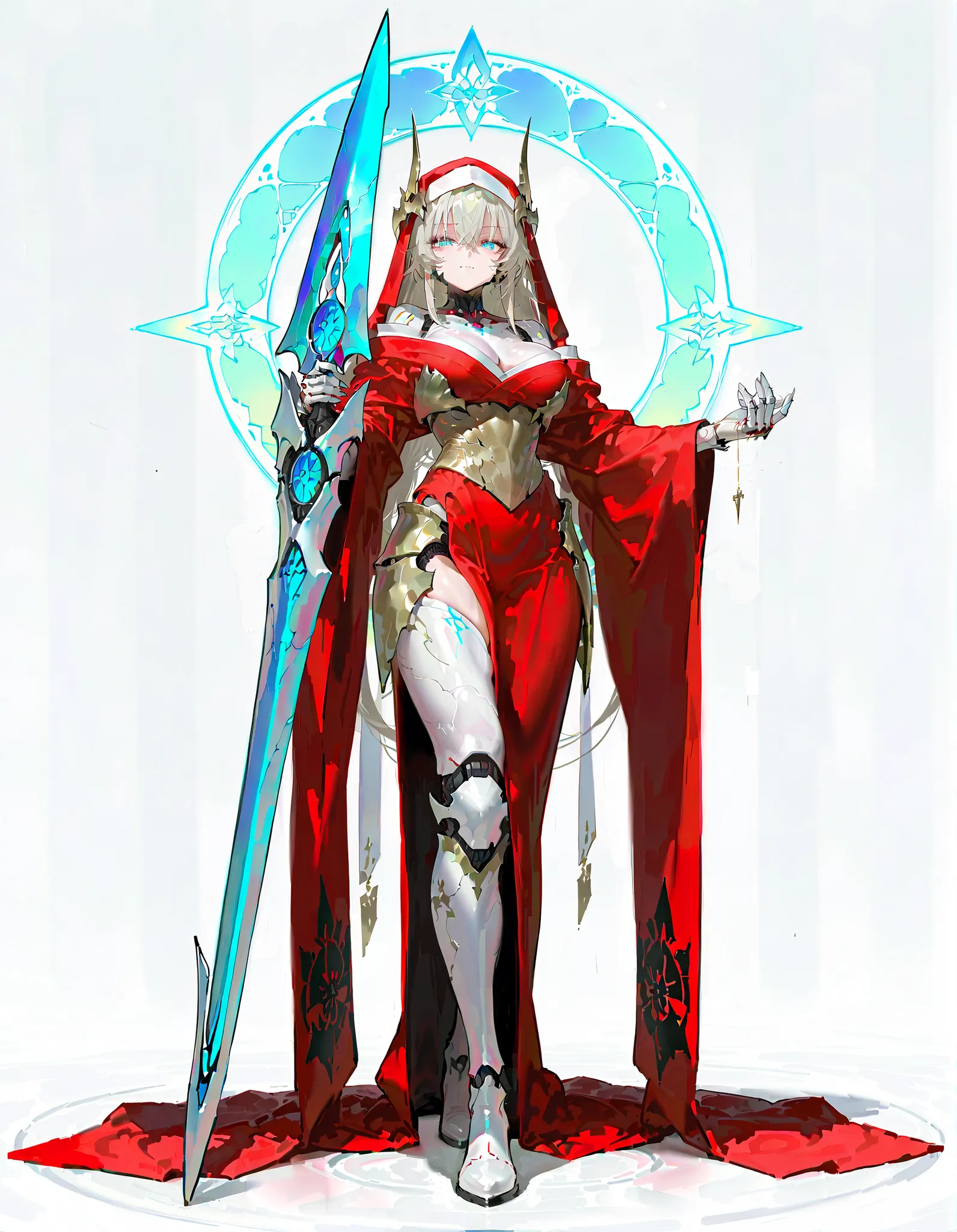 (((masterpiece))), (((Best Quality))), ((Ultra-detailed)), ((extremely delicate and beautiful)),solo, Full body, (phyrexian robotic female)(phyrexian android female) (mechanical undead lady) skin replaced with iron, (pale gold hair and glowing ultra-blue e...