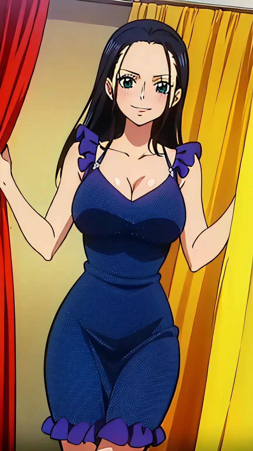 (masterpiece, best quality, high resolution, 8K:1.2), anime coloring, detailed, from one piece, one piece style, Nico Robin, mature woman, 30 years old, woman with long black hair, big medium breasts, calm and collected, happy expression and laughing, soft...