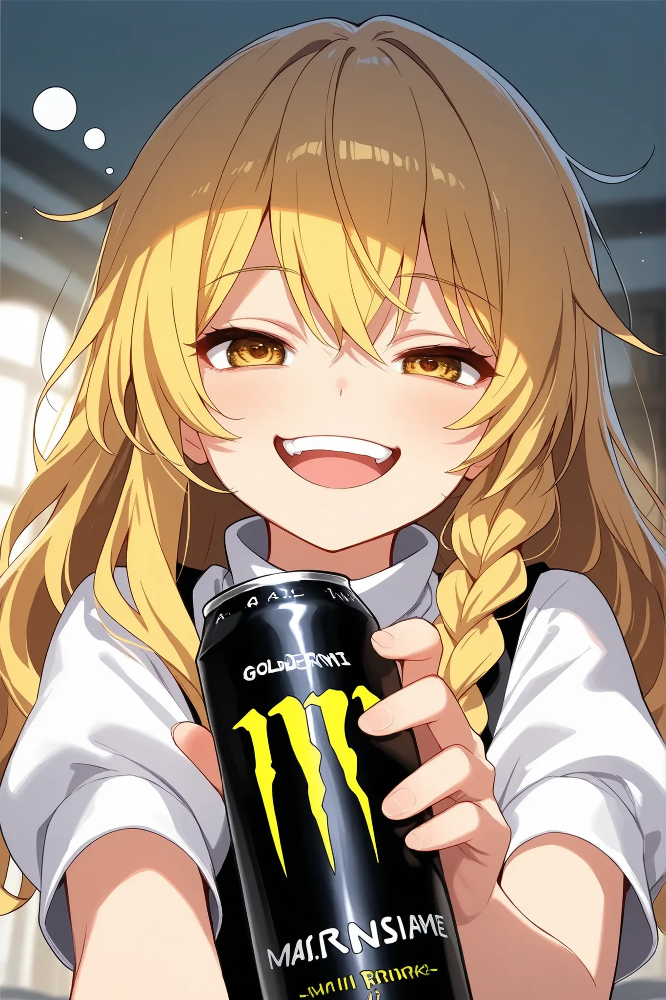 (Quality, 4k, A High Resolution, Masterpiece), Marisa Kirisame, blonde hair, long hair, side braid, golden eyes, sleepy, crazy smile, holding an energy drink 